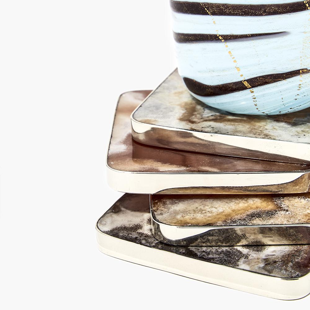 Hand-Crafted Salta Square Coaster, Alpaca Silver & Brown Natural Onyx Stone For Sale