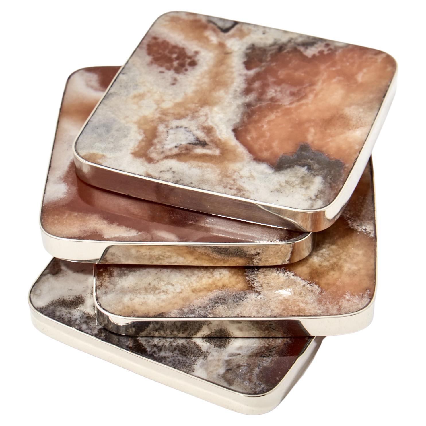 Salta Square Coaster, Alpaca Silver & Brown Natural Onyx Stone For Sale