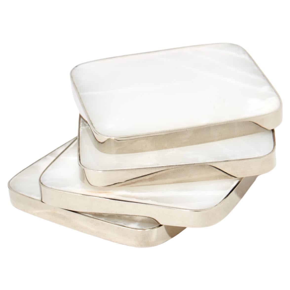 Salta Square Coaster, Alpaca Silver & Cream Natural Onyx Stone For Sale