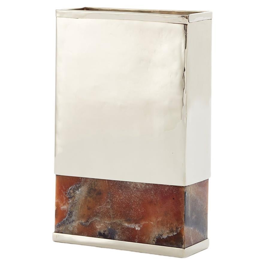 Salta Rectangular Medium Flower Vase, Alpaca Silver & Brown Onyx For Sale