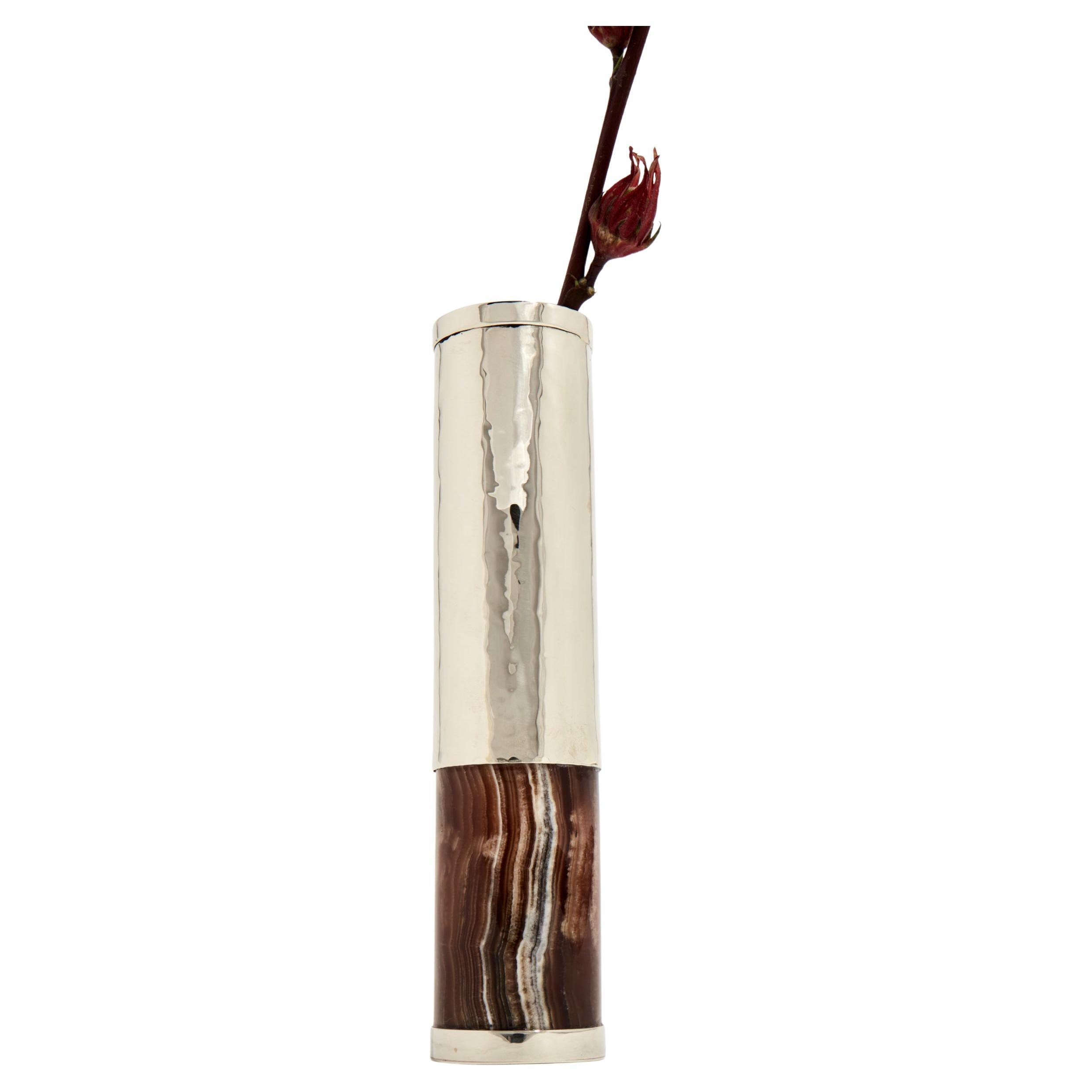 Salta Tube Large Flower Vase, Alpaca Silver & Brown Onyx For Sale