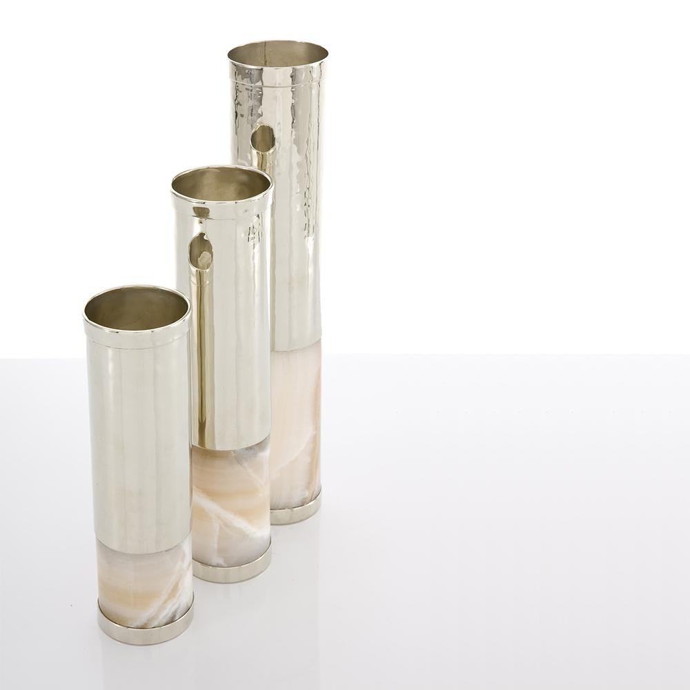 Hand-Crafted Salta Tube Large Flower Vase, Alpaca Silver & Cream Onyx For Sale