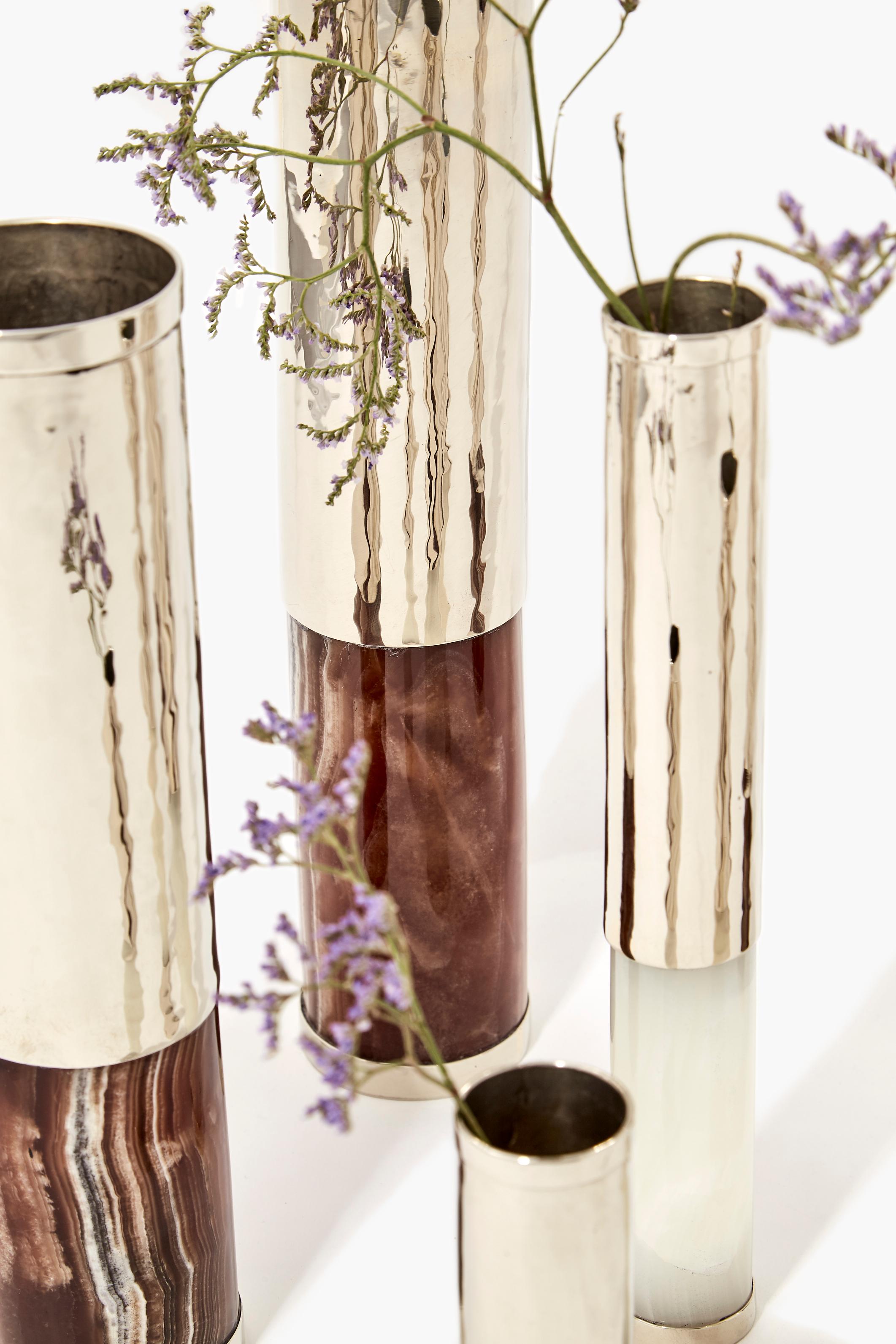Argentine Salta Tube Set Flower Vases, Alpaca Silver & Brown Onyx For Sale
