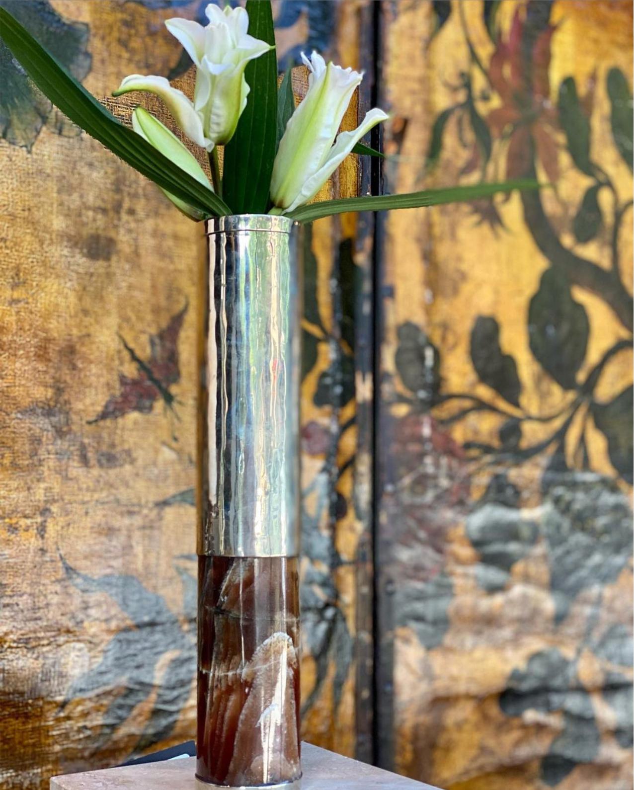 Hand-Crafted Salta Tube Set Flower Vases, Alpaca Silver & Brown Onyx For Sale