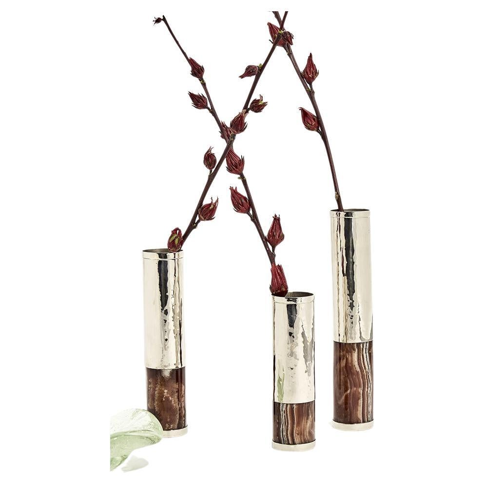 Blumenvasen aus Alpaka Silber und braunem Onyx mit Salta-Rohr-Set