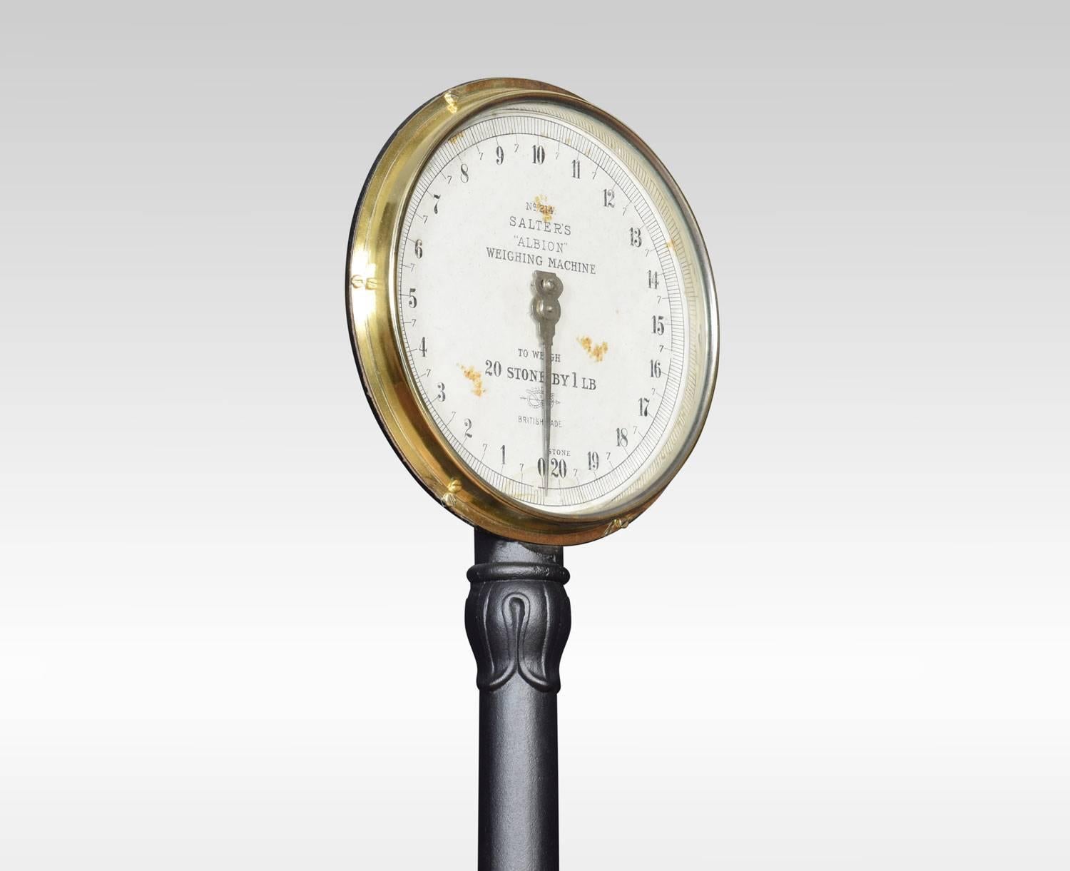 Salter Albion cast iron bathroom scales, the circular scale raised on a slender column with foliated capitals. To the rectangular base fitted with cork matte.
Dimensions:
Height 68 inches
Width 11.5 inches
Depth 23 inches.