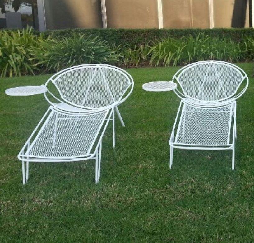 Salterini 3 Piece Lounge Chair, 2 Chairs with 2 Tables and 2 Footrests White For Sale 11