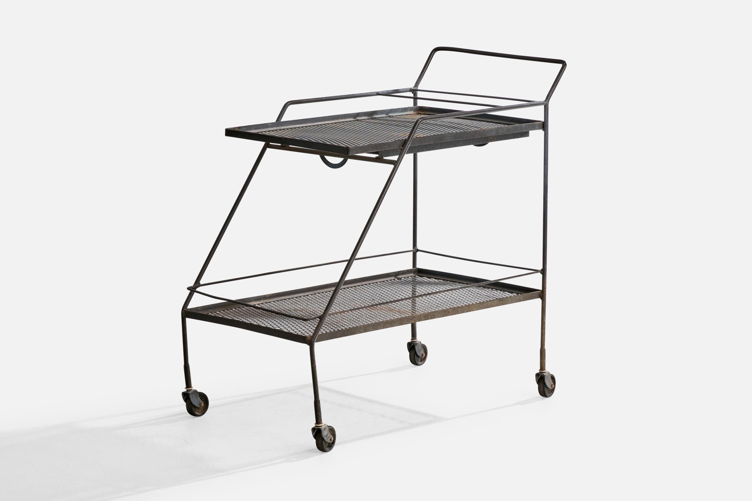 A black-lacquered iron bar cart or serving cart produced by Salterini, Italy, c. 1950s.

Overall Dimensions (inches): 34.7