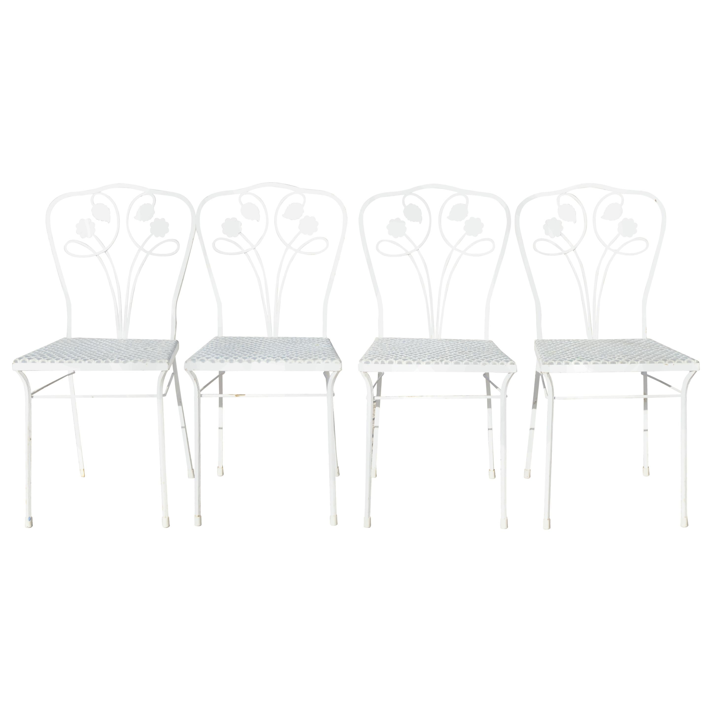 Salterini Daisy Flower Leaf Vine Wrought Iron Garden Dining Chairs, Set of 4 For Sale
