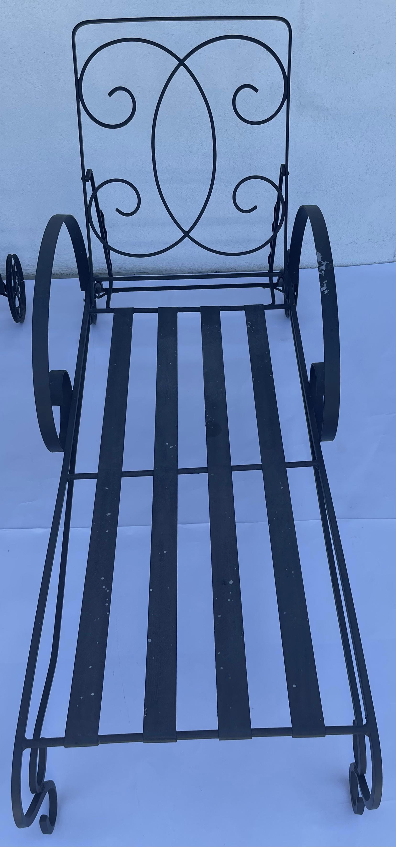 Hollywood Regency Salterini Florentine Scroll Arm Outdoor Chaise Lounge Chairs, Pair