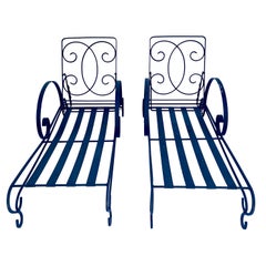 Salterini Florentine Scroll Arm Outdoor Chaise Lounge Chairs, Pair