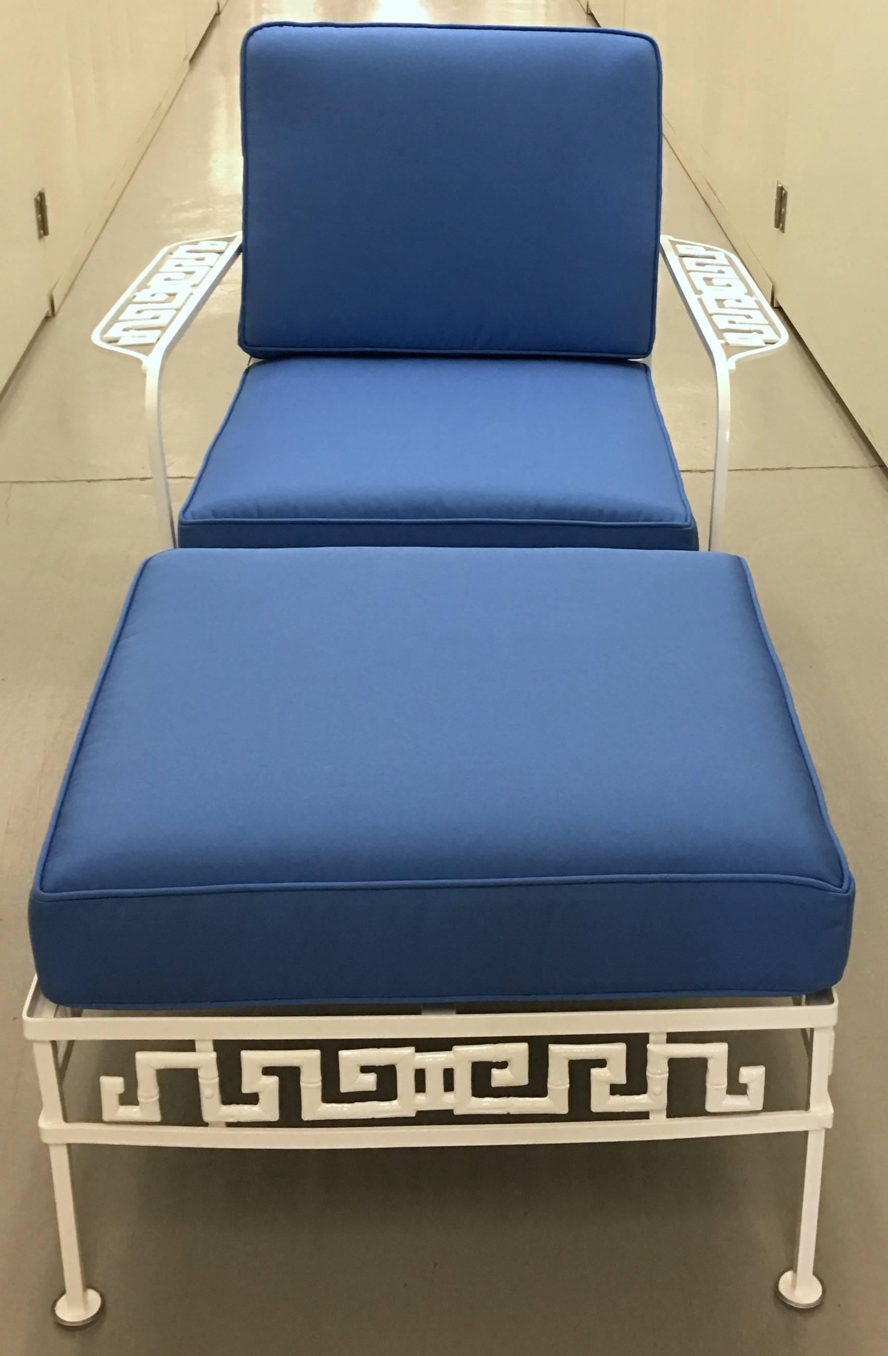 Midcentury Salterini Greek key chair and ottoman. Newly powder coated in gloss white finish. New ocean blue canvas cushions. Suitable for indoor or outdoor use.
Seat 15” H and 21” deep. Arm is 21” H. Ottoman 17” H x 23.5” W x 21.5” deep.