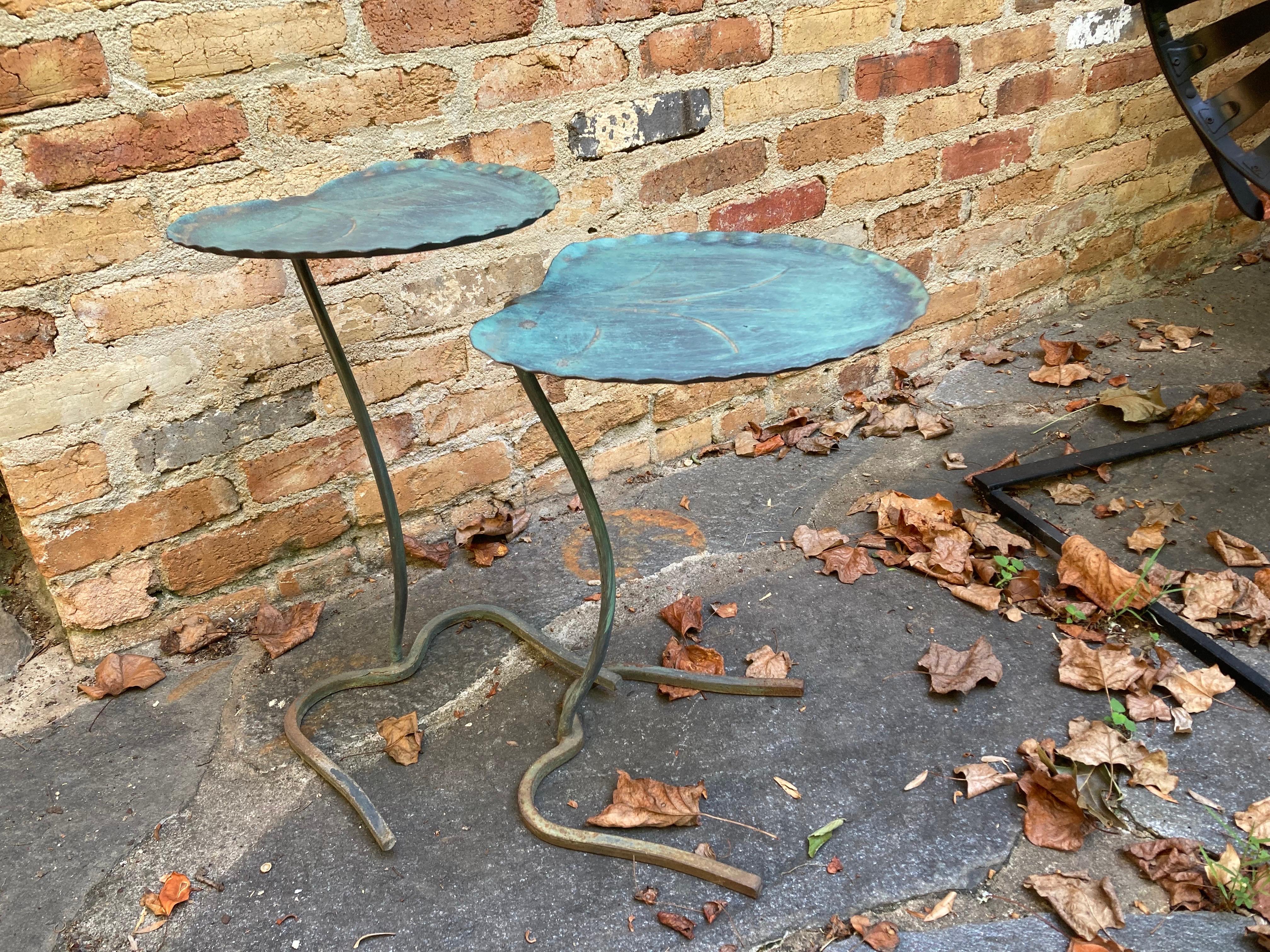 classic duo, original patina...nesting tables for indoors or outside...
20.5 tall for the larger one and 18 tall for the smaller one..
no maker's mark
 these can fit in a box, shipping from athens, ga 30606