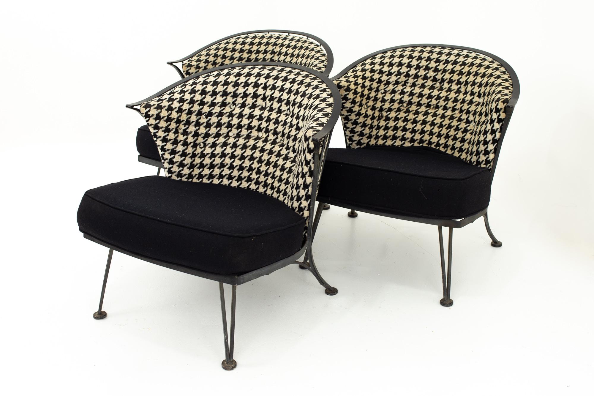 Salterini Mid Century outdoor wrought iron and black and white houndstooth patio chairs - set of 3
Each chair measures: 30 wide x 29 deep x 28 high with a seat height of 18 inches

This set is available in what we call restored vintage condition.