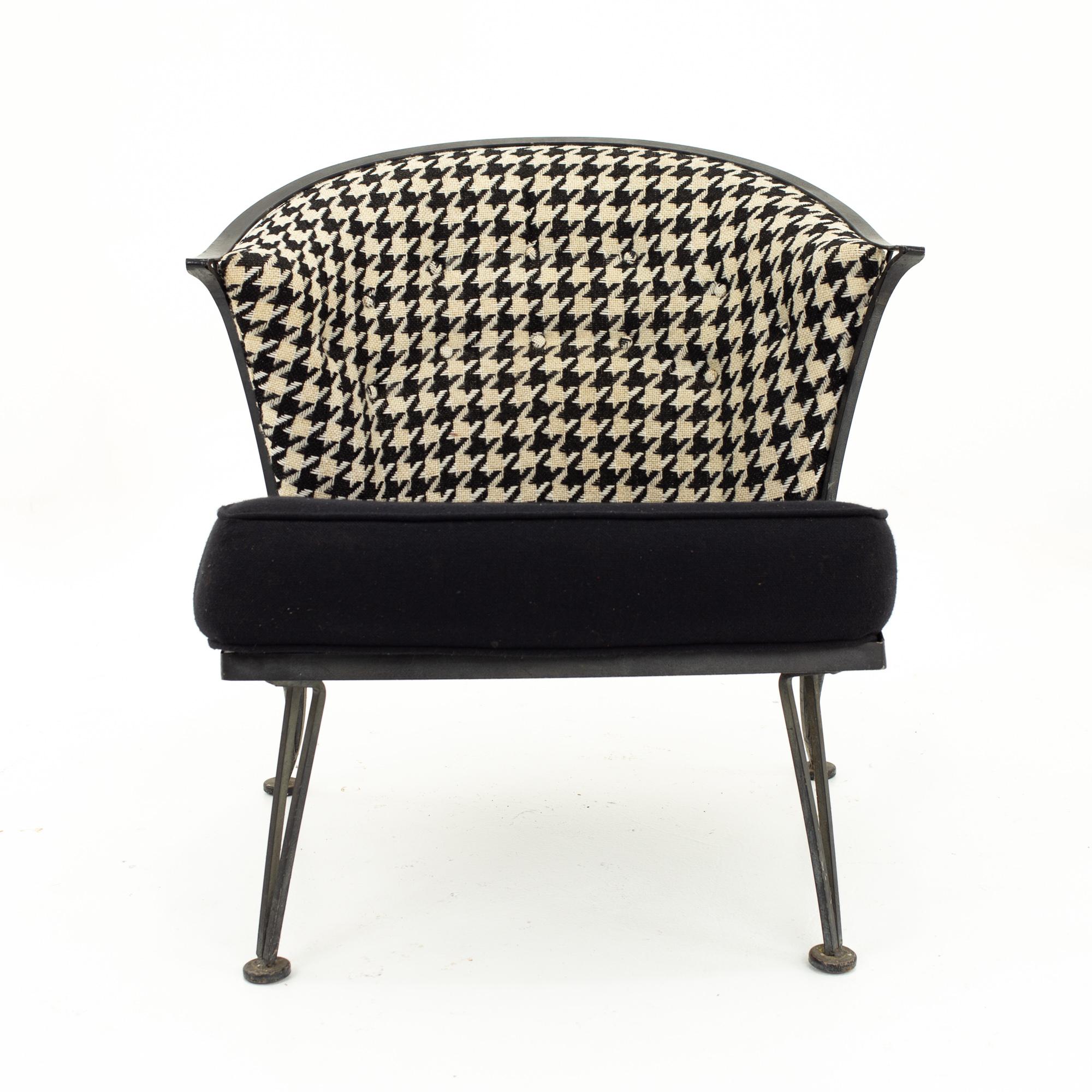 Mid-Century Modern Salterini MCM Outdoor Wrought Iron and Black & White Houndstooth Patio Chairs, 3