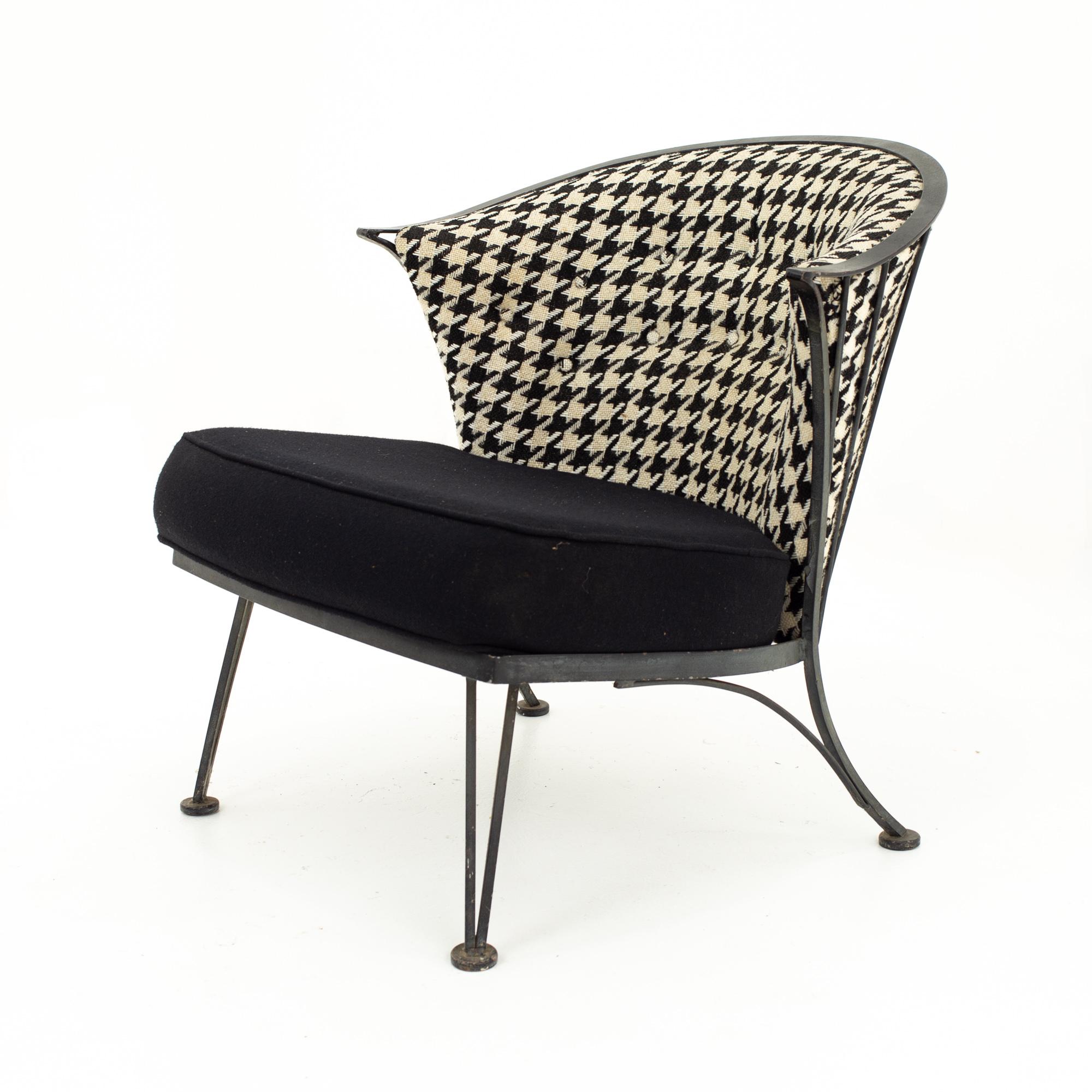 Mid-20th Century Salterini MCM Outdoor Wrought Iron and Black & White Houndstooth Patio Chairs, 3