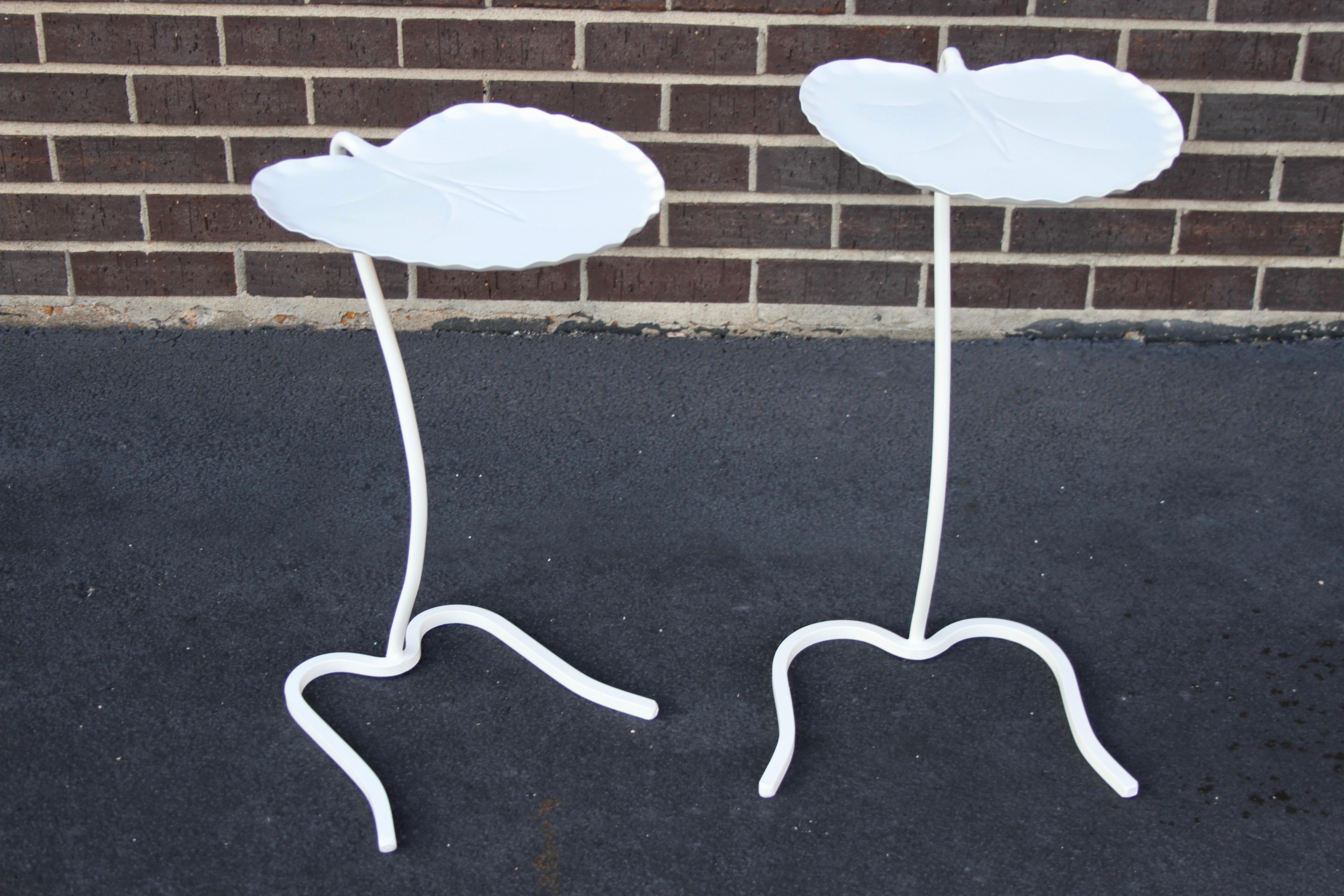 Pair Mid-Century garden or patio wrought iron lily pad form side or nesting tables, recently restored and painted in satin white.  

Tall table 22.25