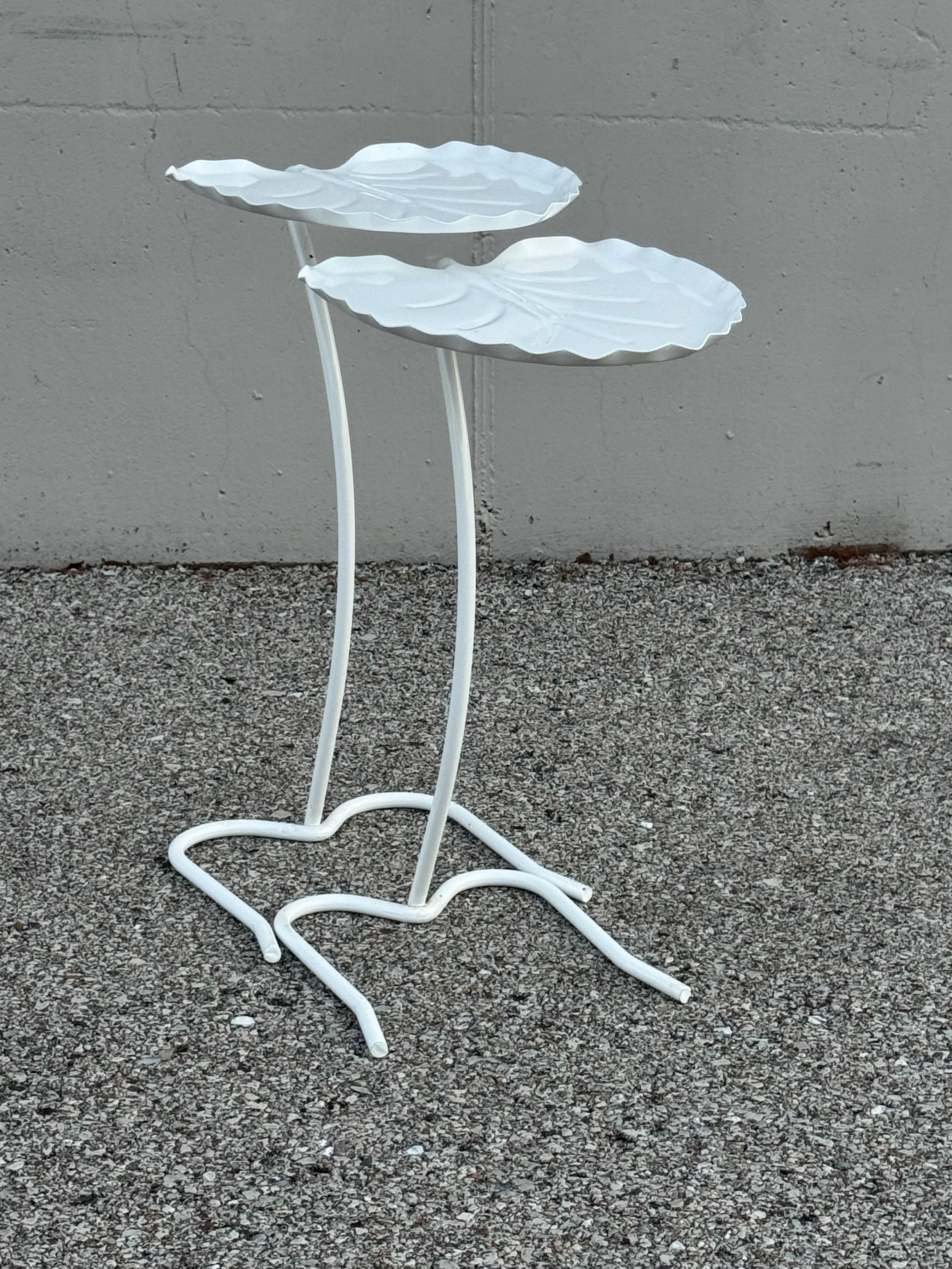 Pair Mid-Century garden or patio wrought iron lily pad form side or nesting tables, older repaint in satin white

Tall table 22.25