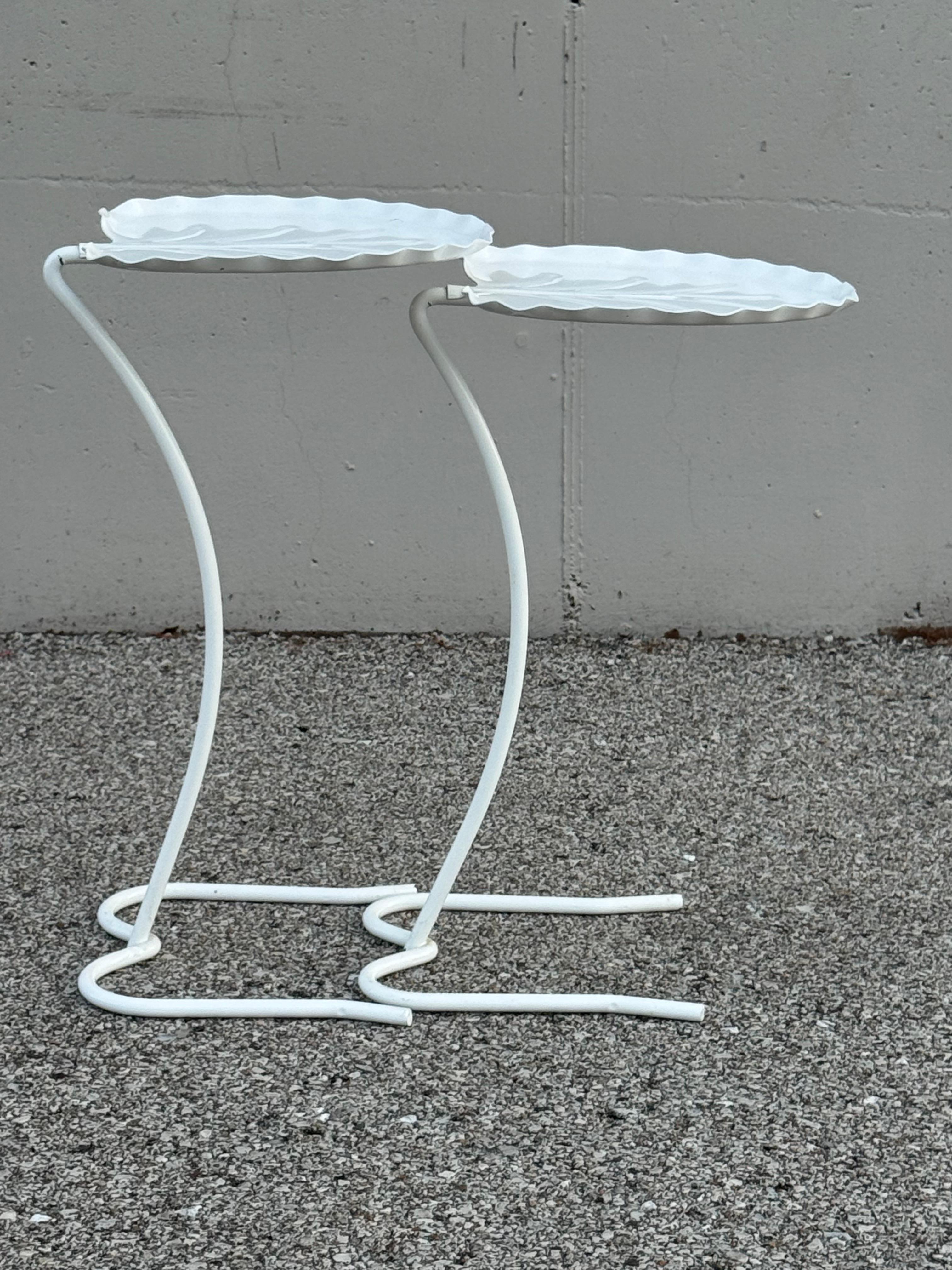 Wrought Iron Salterini Mid-Century Modern Pair of Lily Pad Leaf Side End Nesting Tables White For Sale