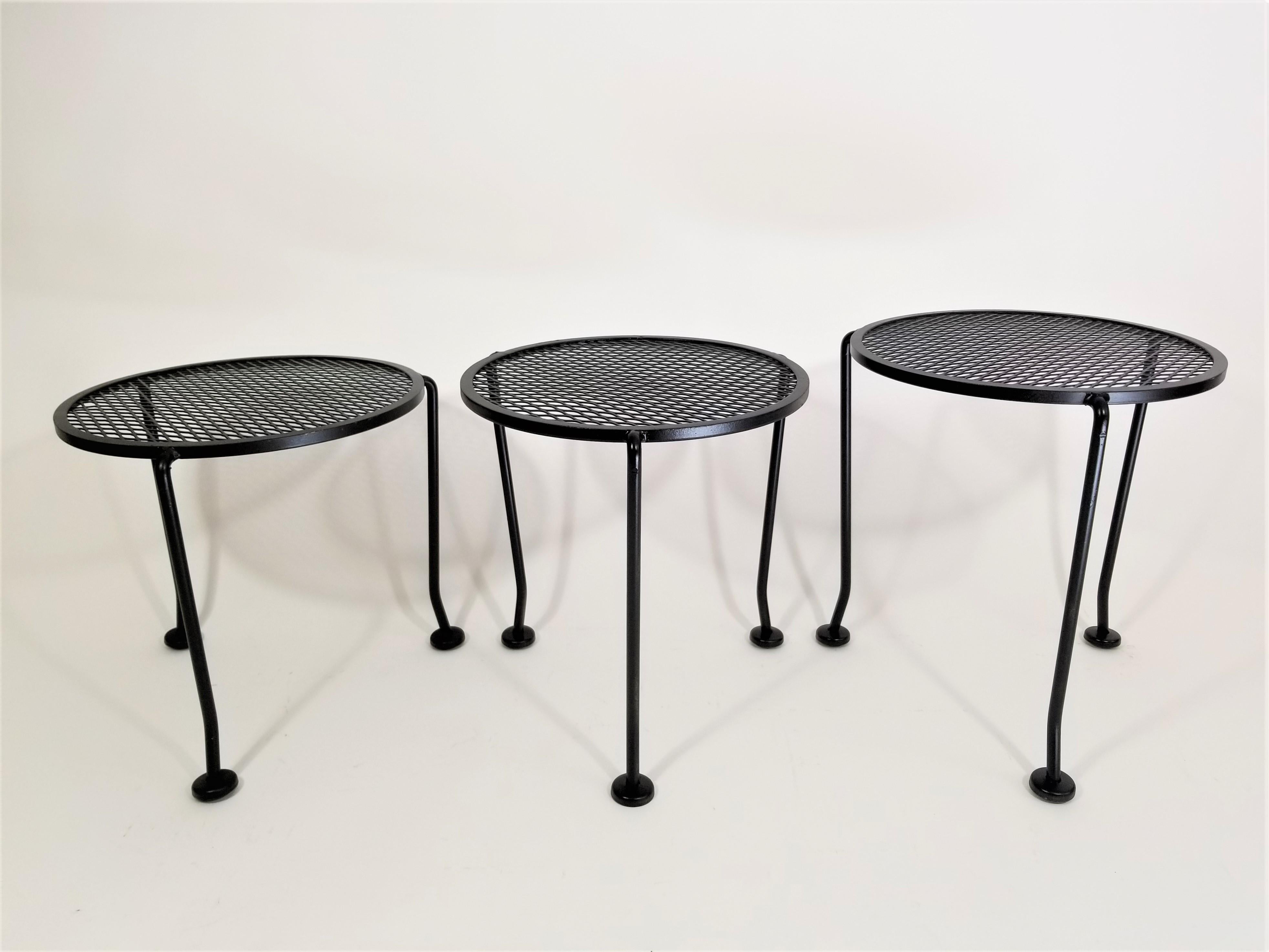 20th Century Salterini Nesting Tables Round Black Wrought Iron Midcentury, Set of 3