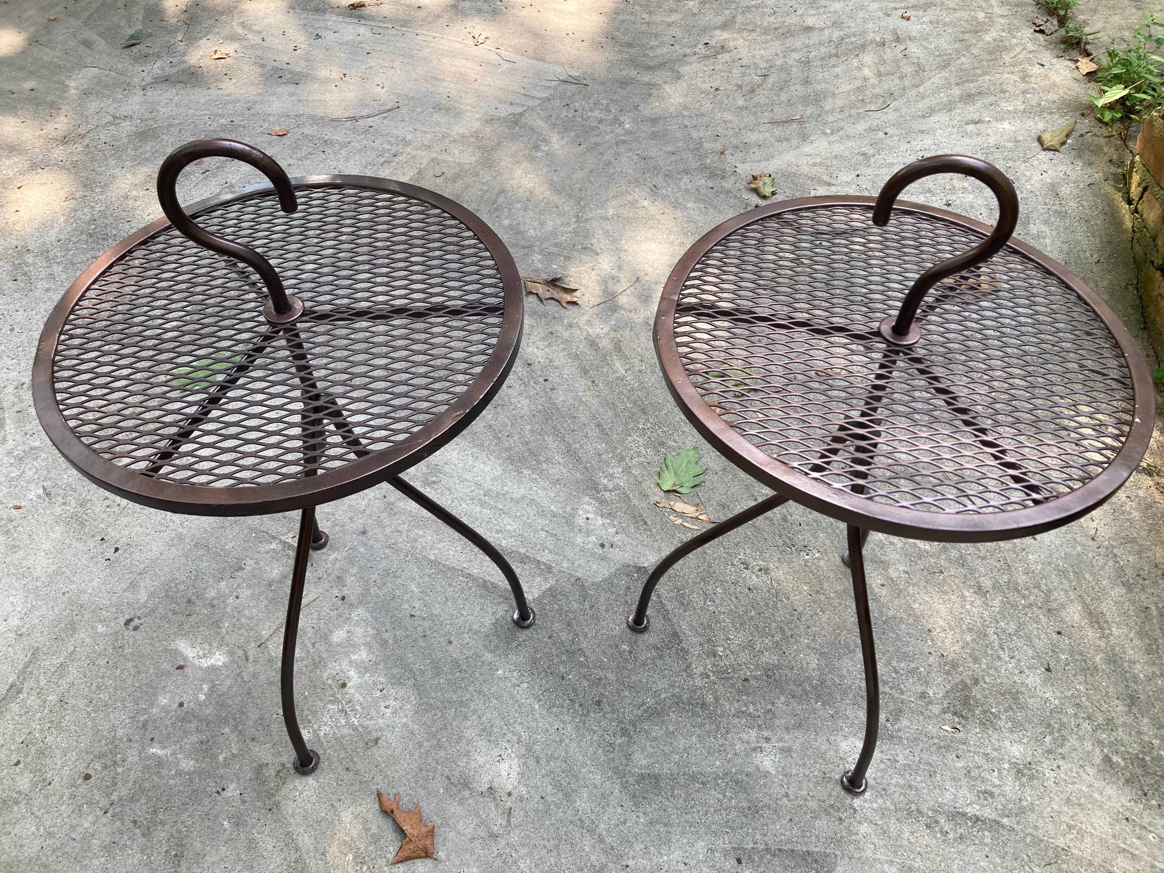 from tempestini ribbon collection for salterini,
22 table top height, 28 with hook, 16 wide and deep. painted with outdoor specialty paint in dark shimmery copper.  
these can ship in separate boxes from athens, ga 30606