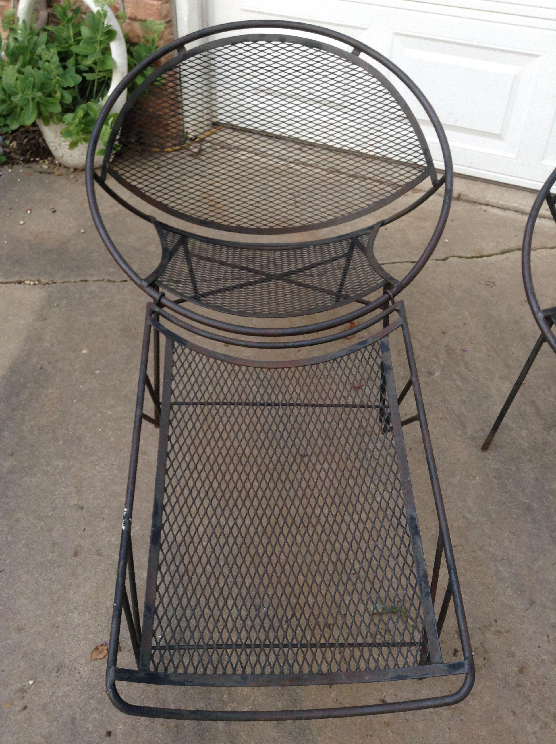 This is a great set of original Salterini Woodard iron patio lounge chairs. Included is a rare free sitting ottoman to convert to chaise lounge. It also hooks on chair for contoured comfort. These are ready for the color paint or powder coat of your