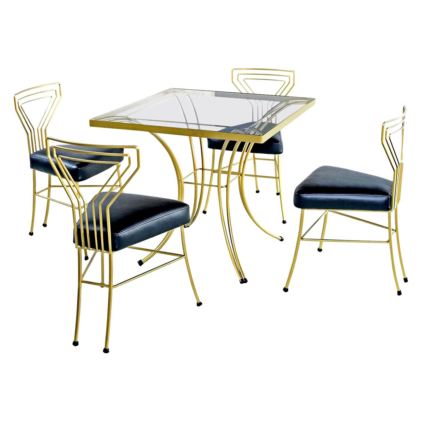 Salterini Style Art Deco / Modern Gold Painted Gilt Metal Glass Top Dinette Set For Sale