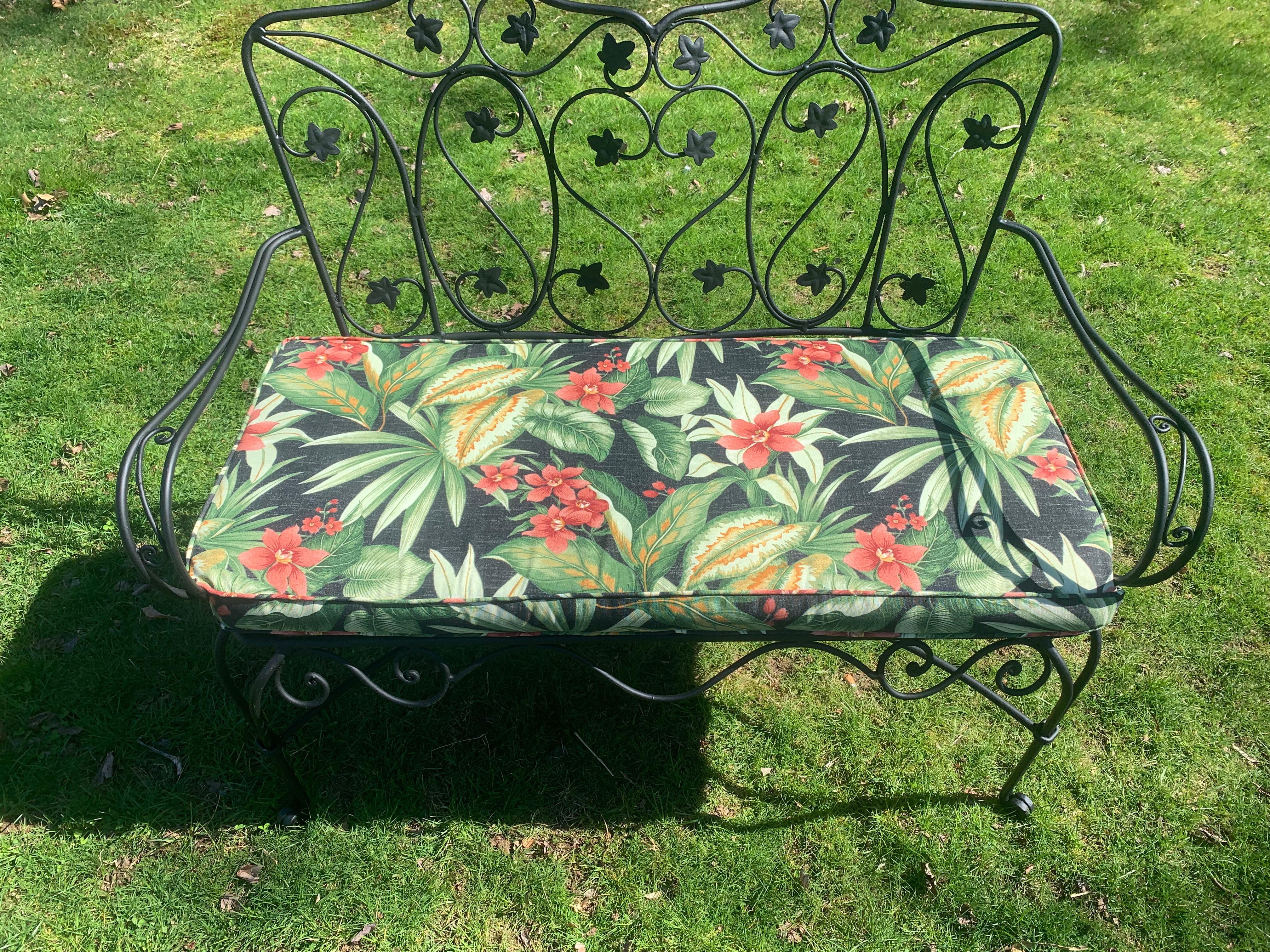 Wrought Iron Salterini Style Garden Bench with Custom Cushion For Sale