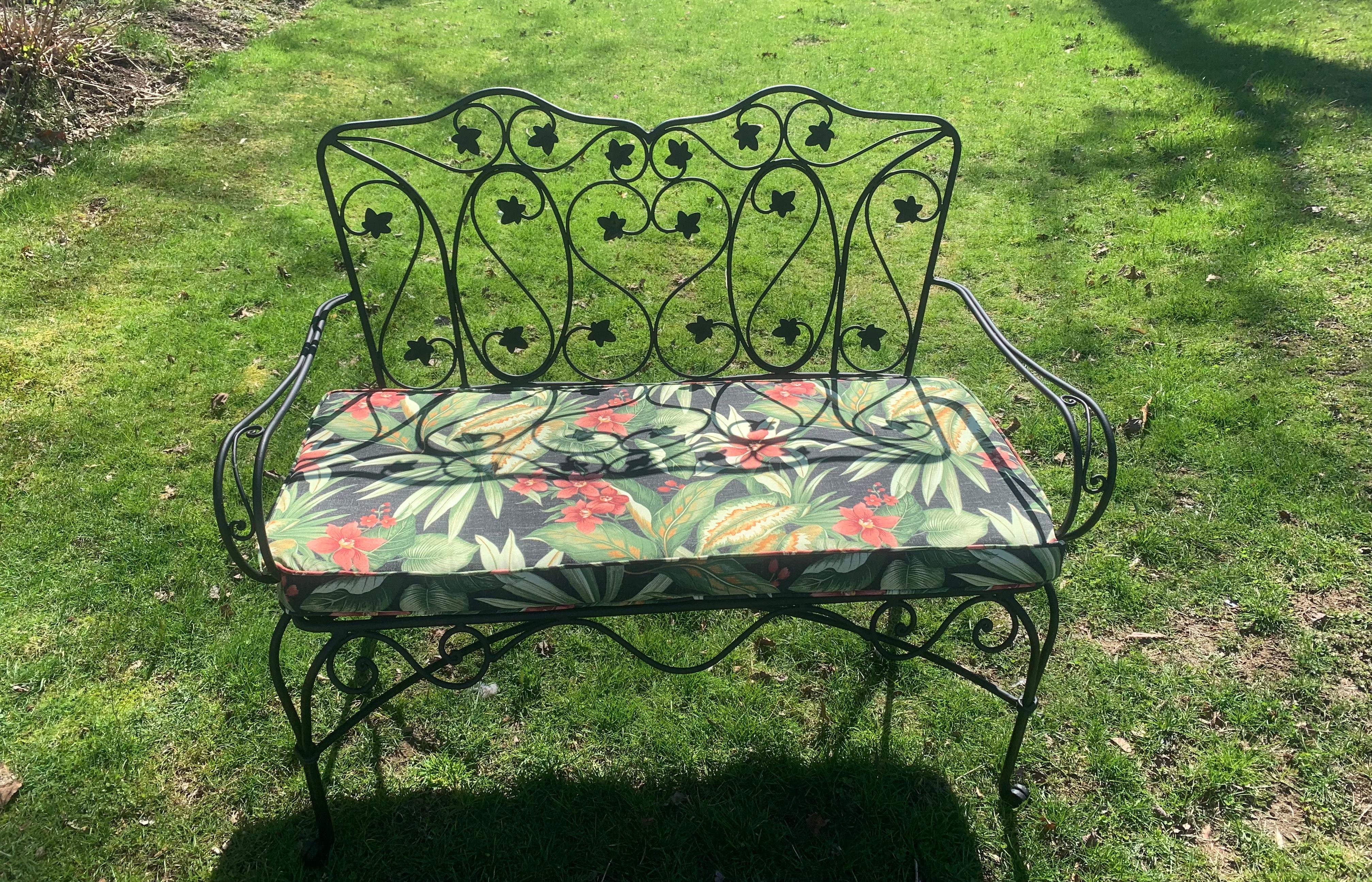 Salterini Style Garden Bench with Custom Cushion For Sale 1