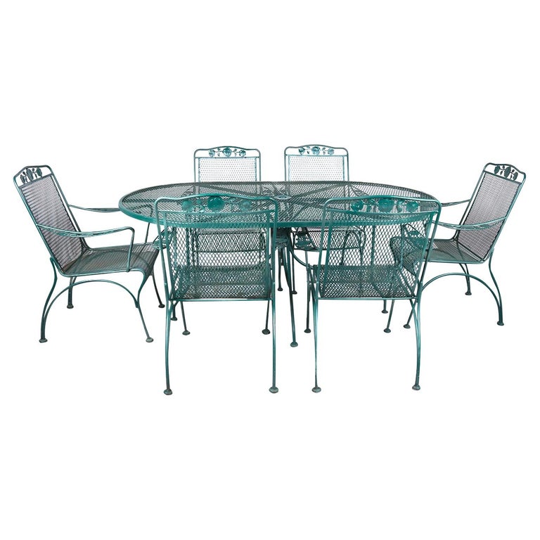 Salterini Style Mid Century Green Wrought Iron Patio Set For Sale at 1stDibs