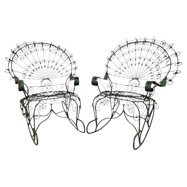 Salterini Style Twisted Wrought Iron Peacock Rocking Chairs For Sale