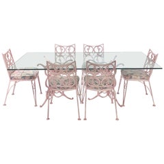 Salterini Style Wrought and Cast Metal Table and Chairs Garden Patio Set Pink