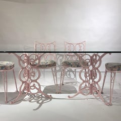 Salterini Style Wrought and Cast Metal Table and Chairs Garden Patio Set Pink