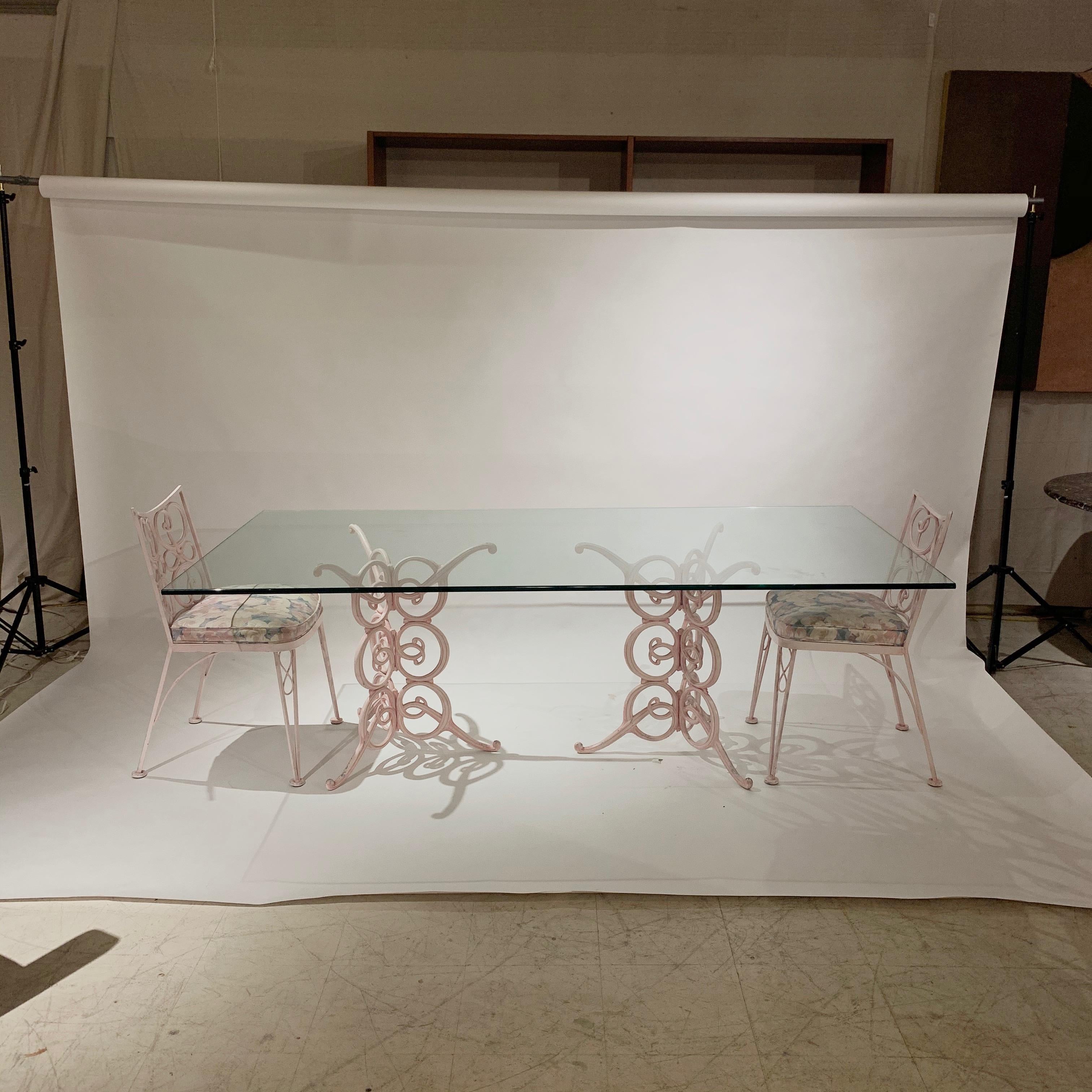 American Salterini Style Wrought and Cast Metal Table and Chairs Garden Patio Set Pink