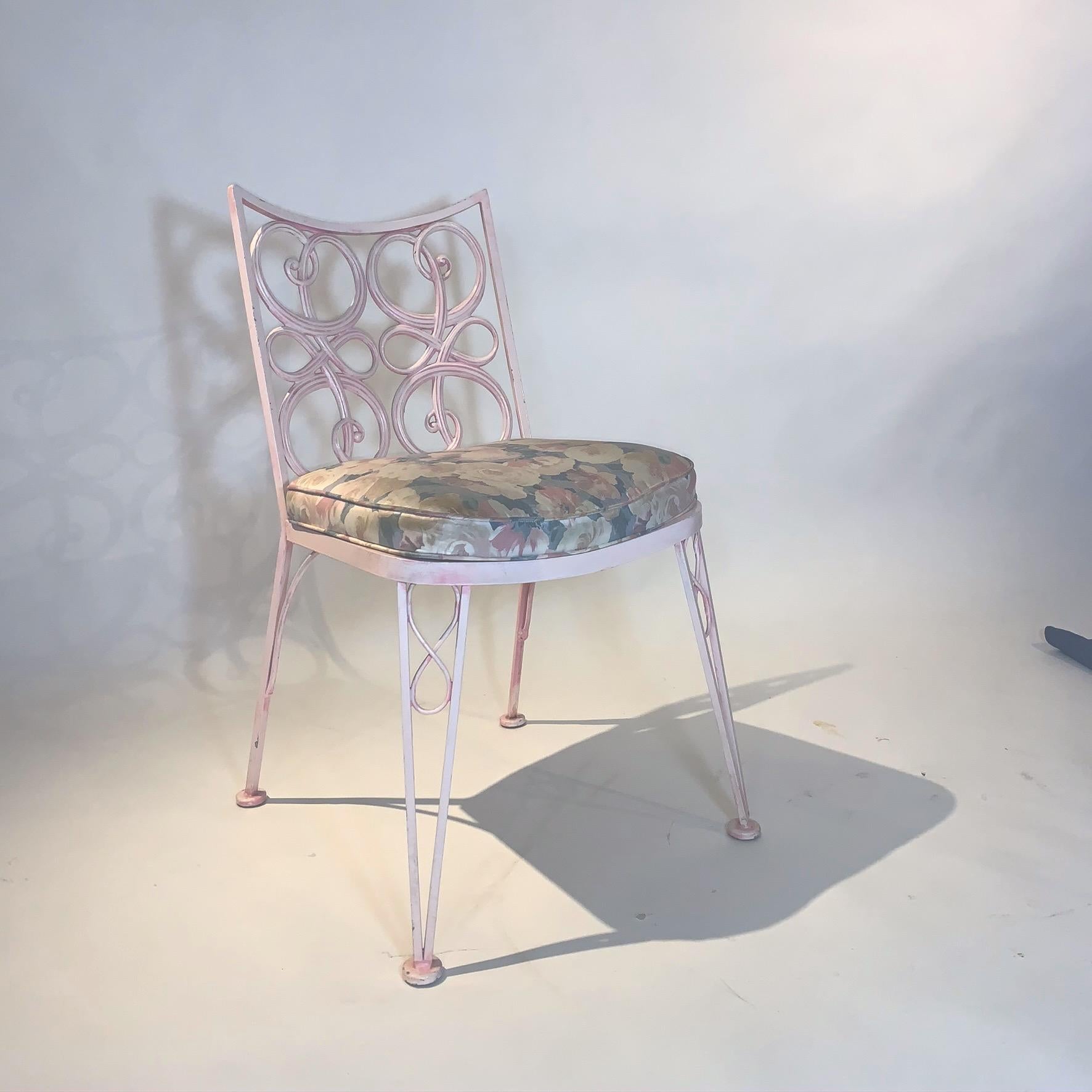Glass Salterini Style Wrought and Cast Metal Table and Chairs Garden Patio Set Pink