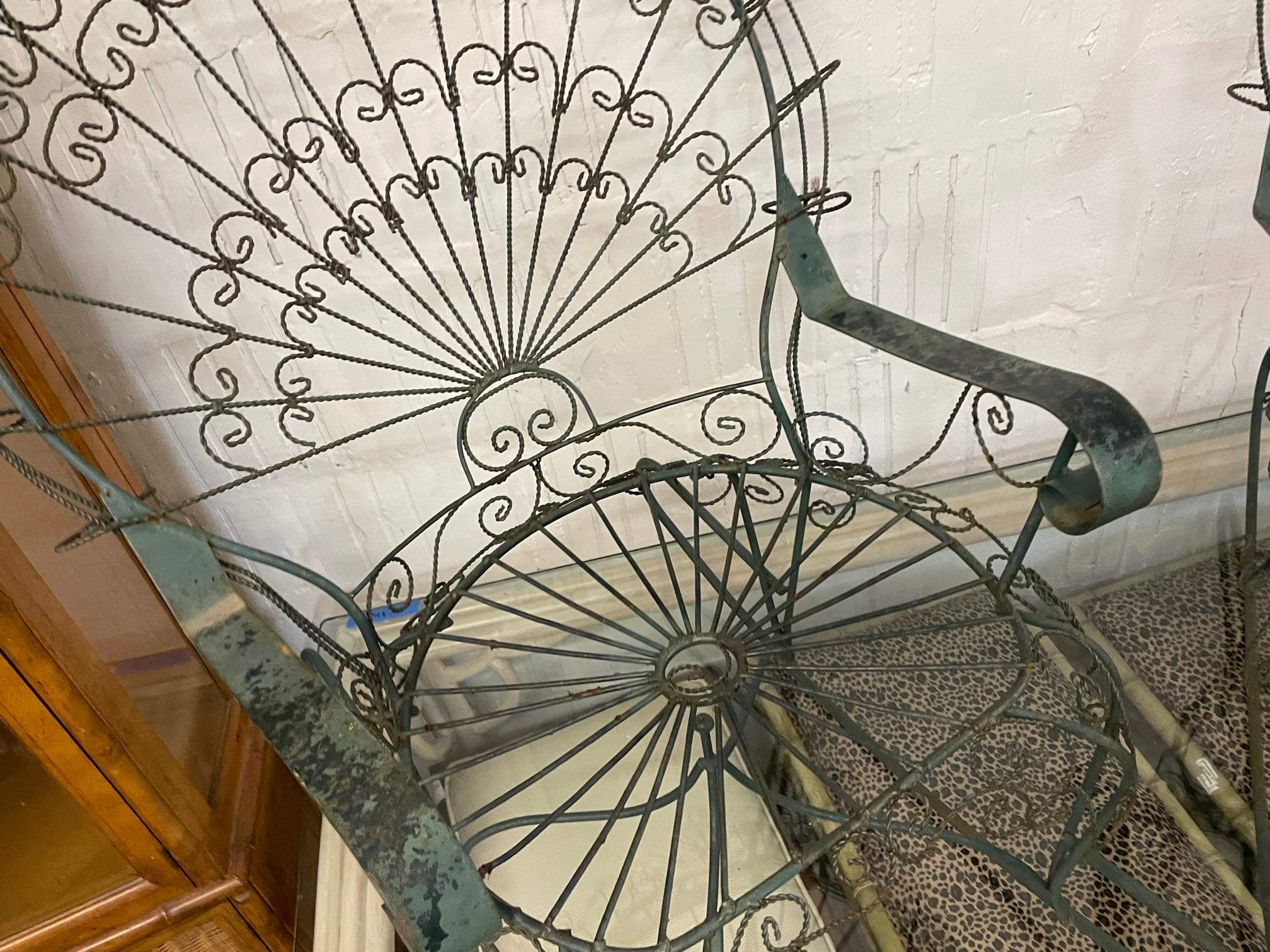 Hollywood Regency Salterini Twisted Wrought Iron Peacock Rocking Chairs