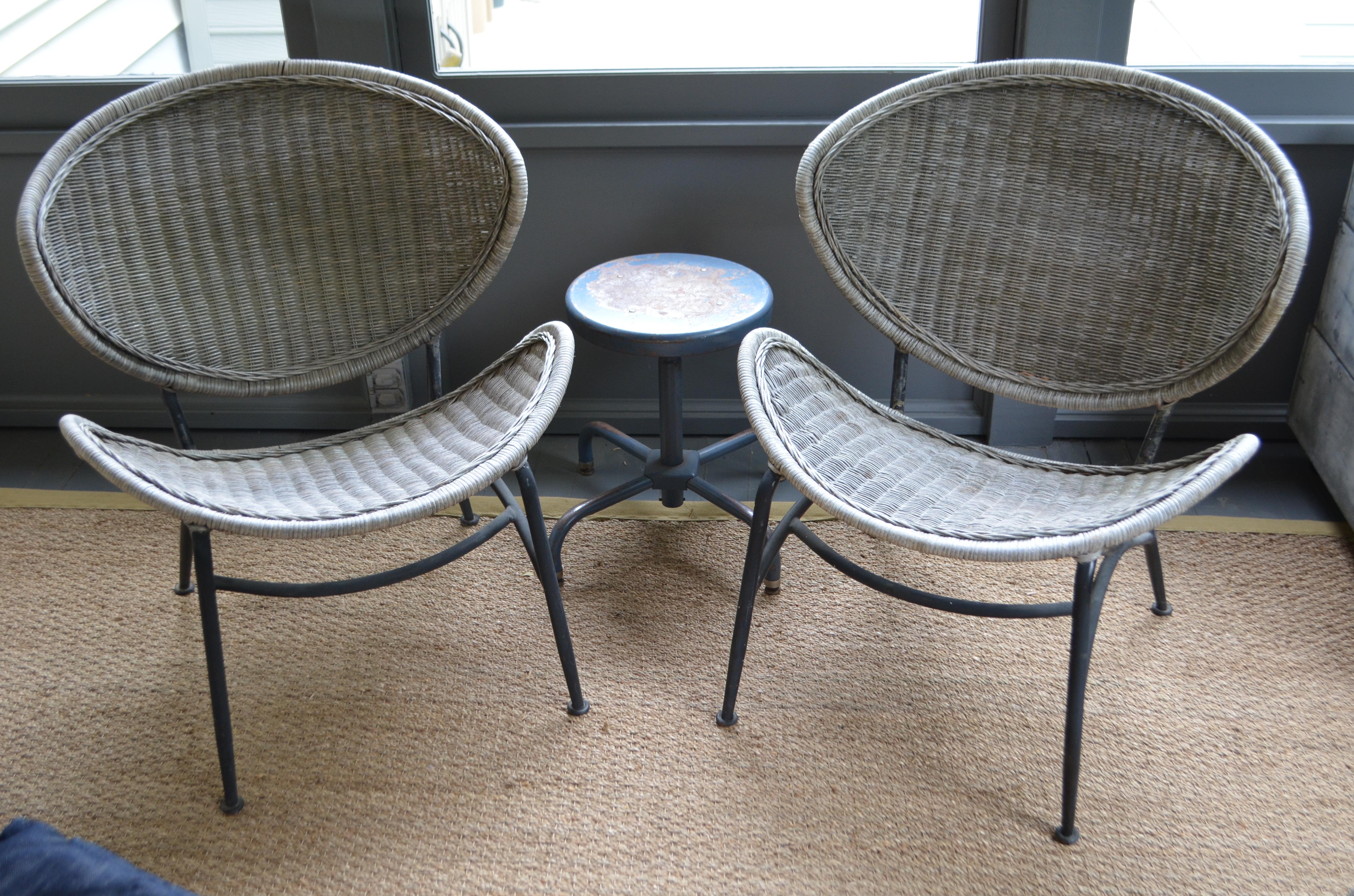 American Salterini Wicker Clamshell Chairs, Pair, with Steel Frame for Home, Patio, Porch