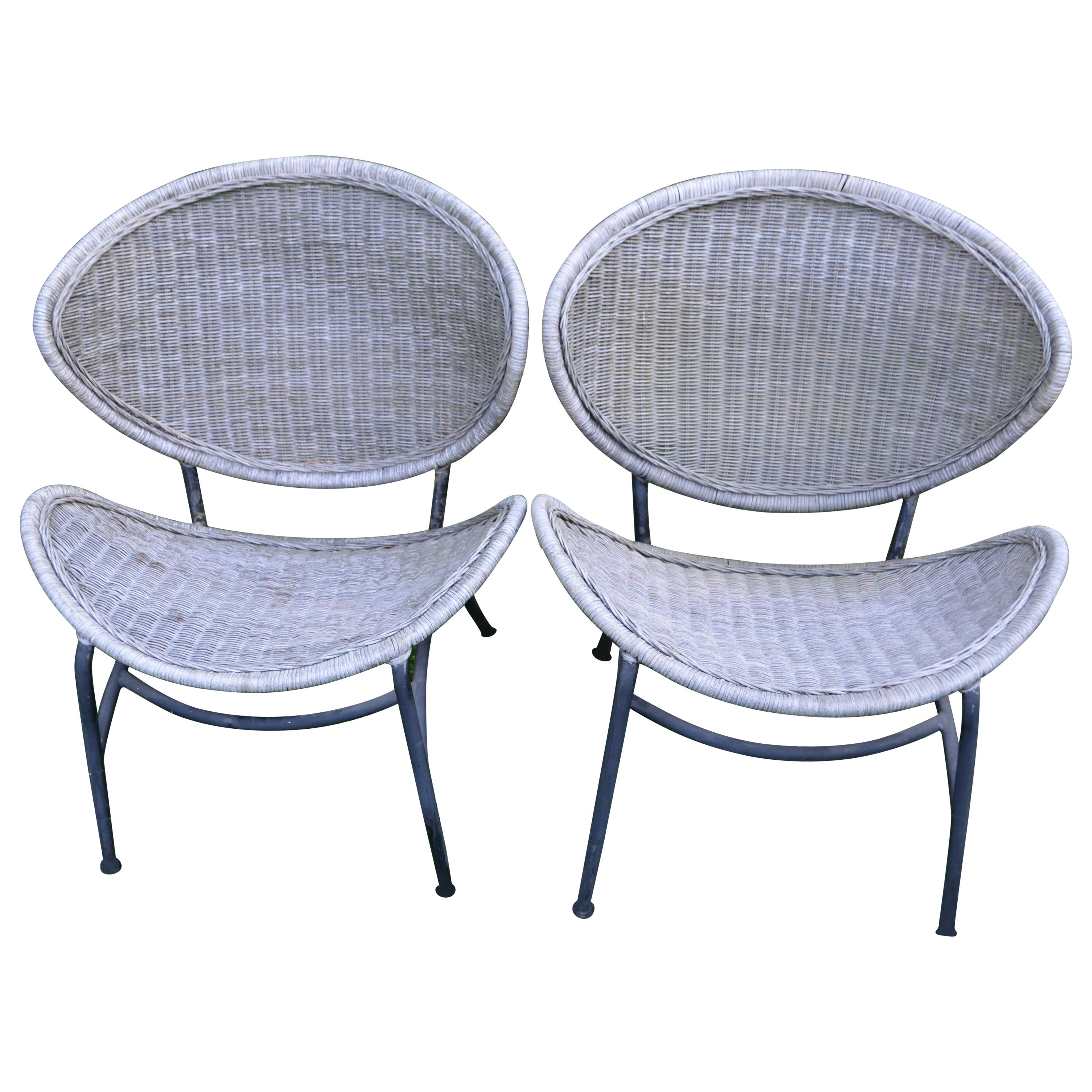 Salterini Wicker Clamshell Chairs, Pair, with Steel Frame for Home, Patio, Porch