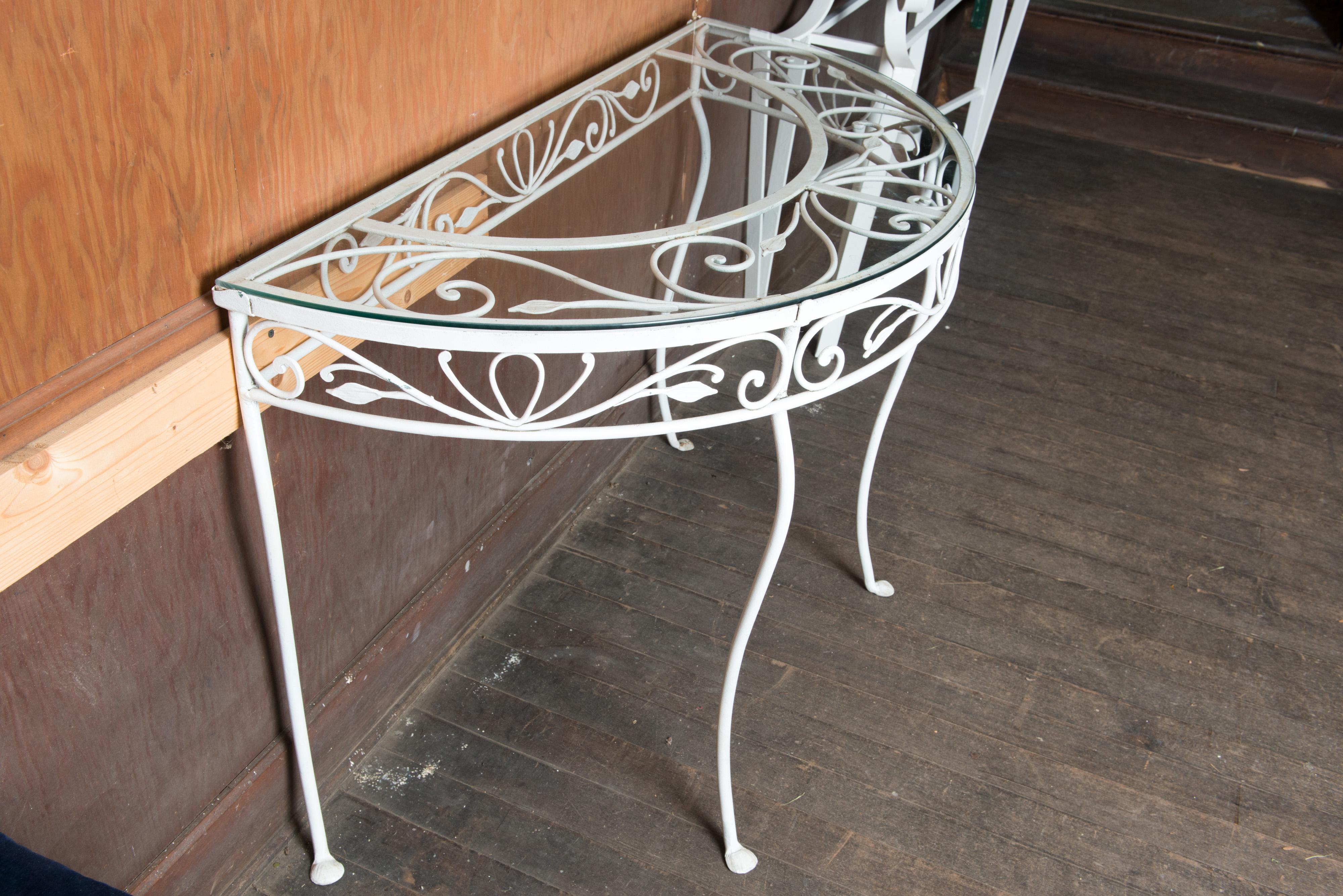 Glass Salterini Wrought Iron Demi Lune Console Table For Sale