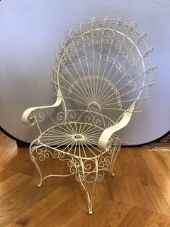 Salterini Wrought Iron White Wire Peacock Large Garden Wingback Chair