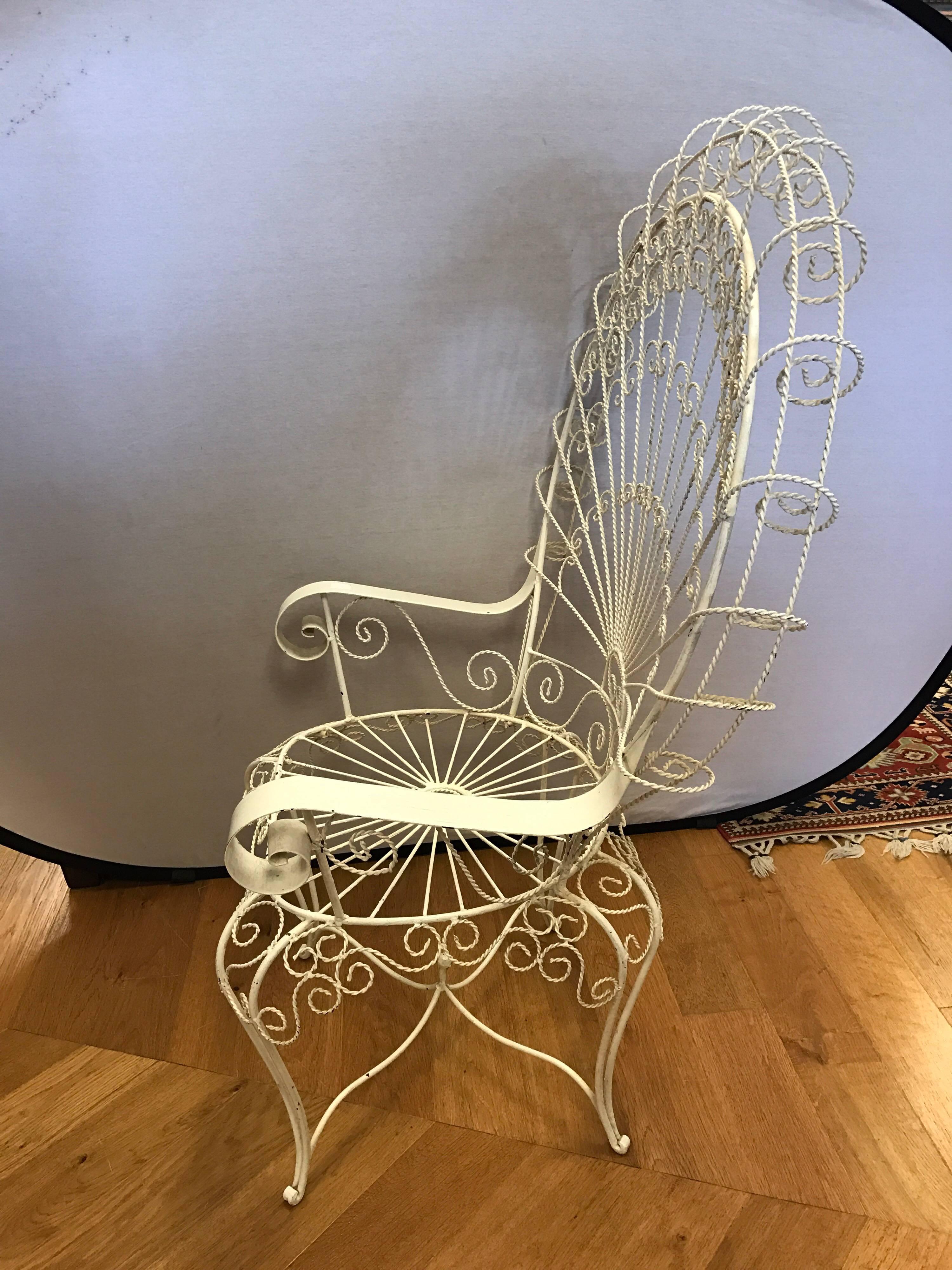 Mid-20th Century Salterini Wrought Iron White Wire Peacock Large Garden Wingback Chair