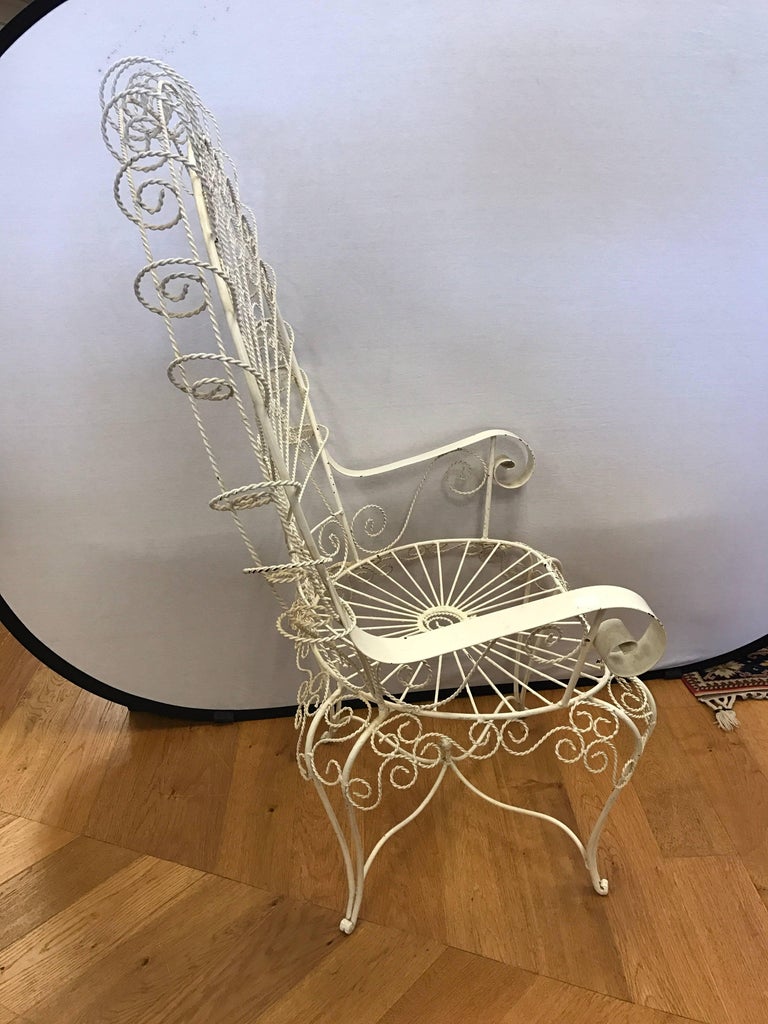 Salterini Wrought Iron White Wire Peacock Large Garden Wingback Chair