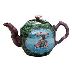 Antique Saltglaze Stoneware Enamel Teapot with Portrait of Frederick of Prussia