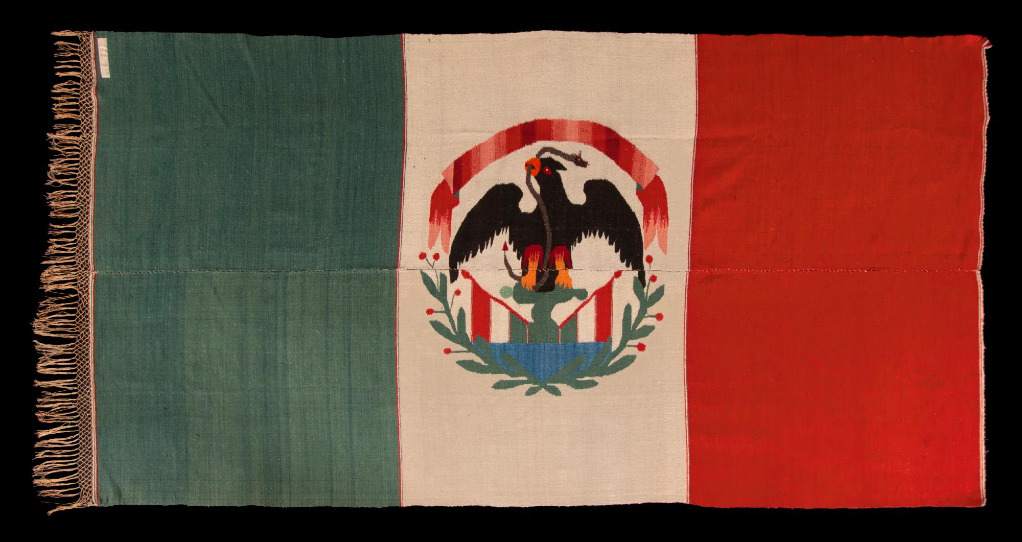Saltillo Serape, made Circa 1885-1910, In the vary rare form of the Mexican National Flag; acquired in Mexico by Textile Manufacturing Mogul and Banker, A.l. Williston (1834-1915) and his wife, Sarah (1839-1912), of Northampton,