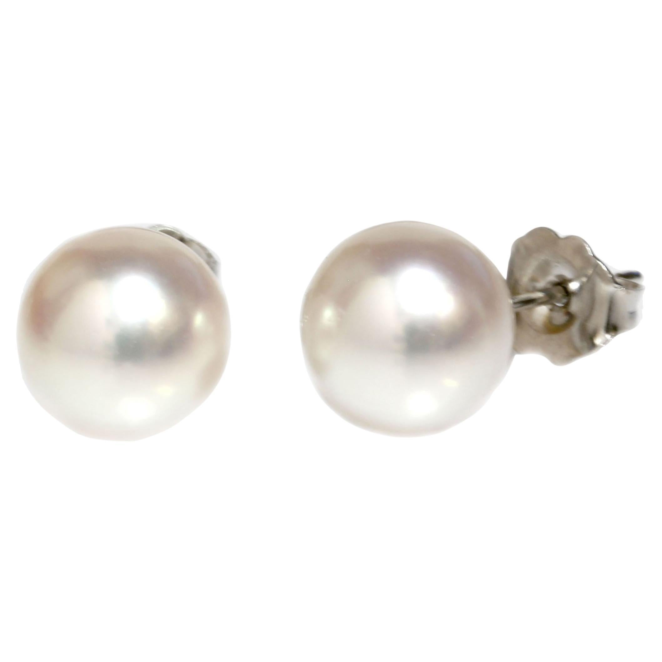 Saltwater Akoya Pearl Stud Earrings 9 - 8.5mm 14k White Gold Flawless  For Sale