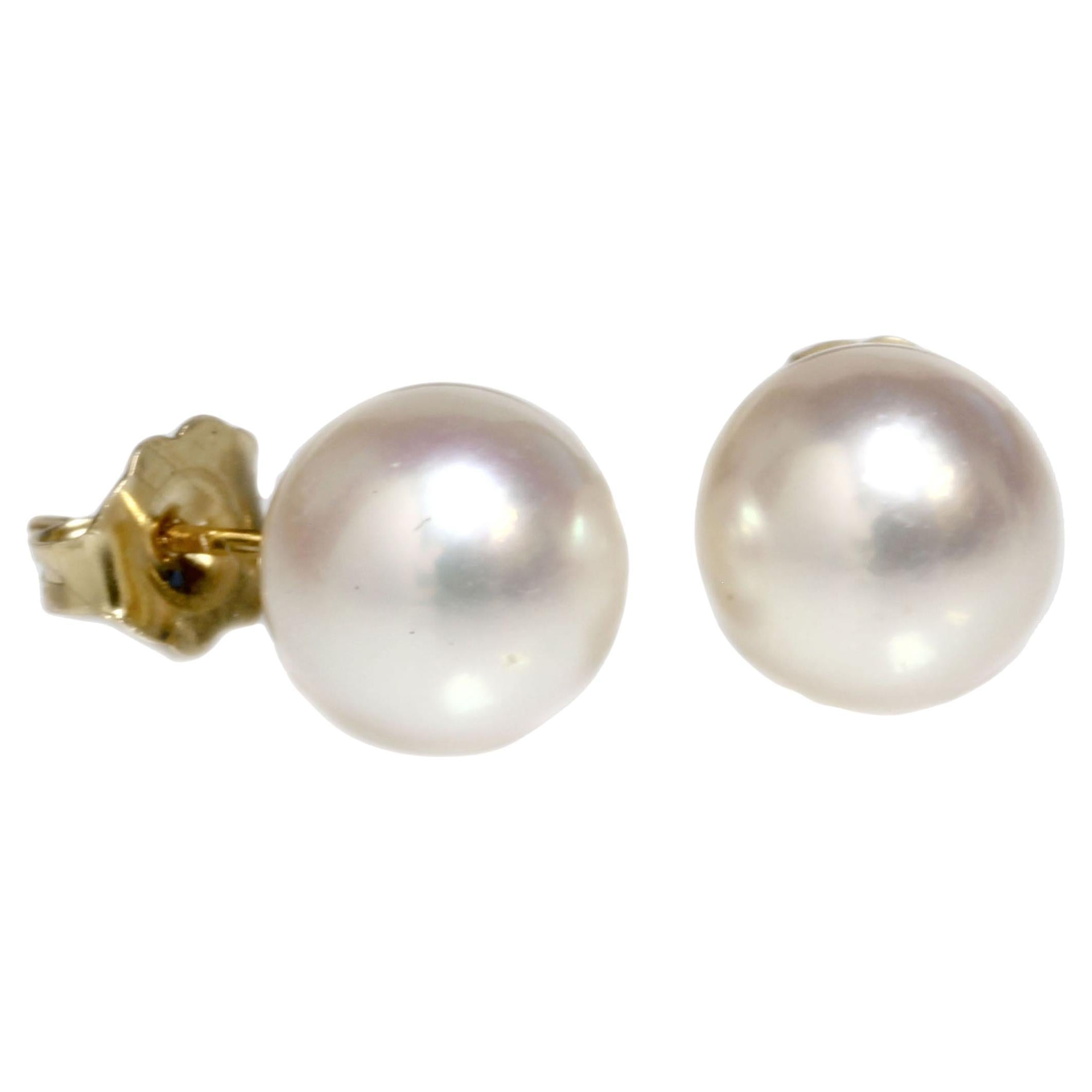 Saltwater Akoya Pearl Stud Earrings 9 - 9.5mm 14k Yellow Gold Flawless  For Sale