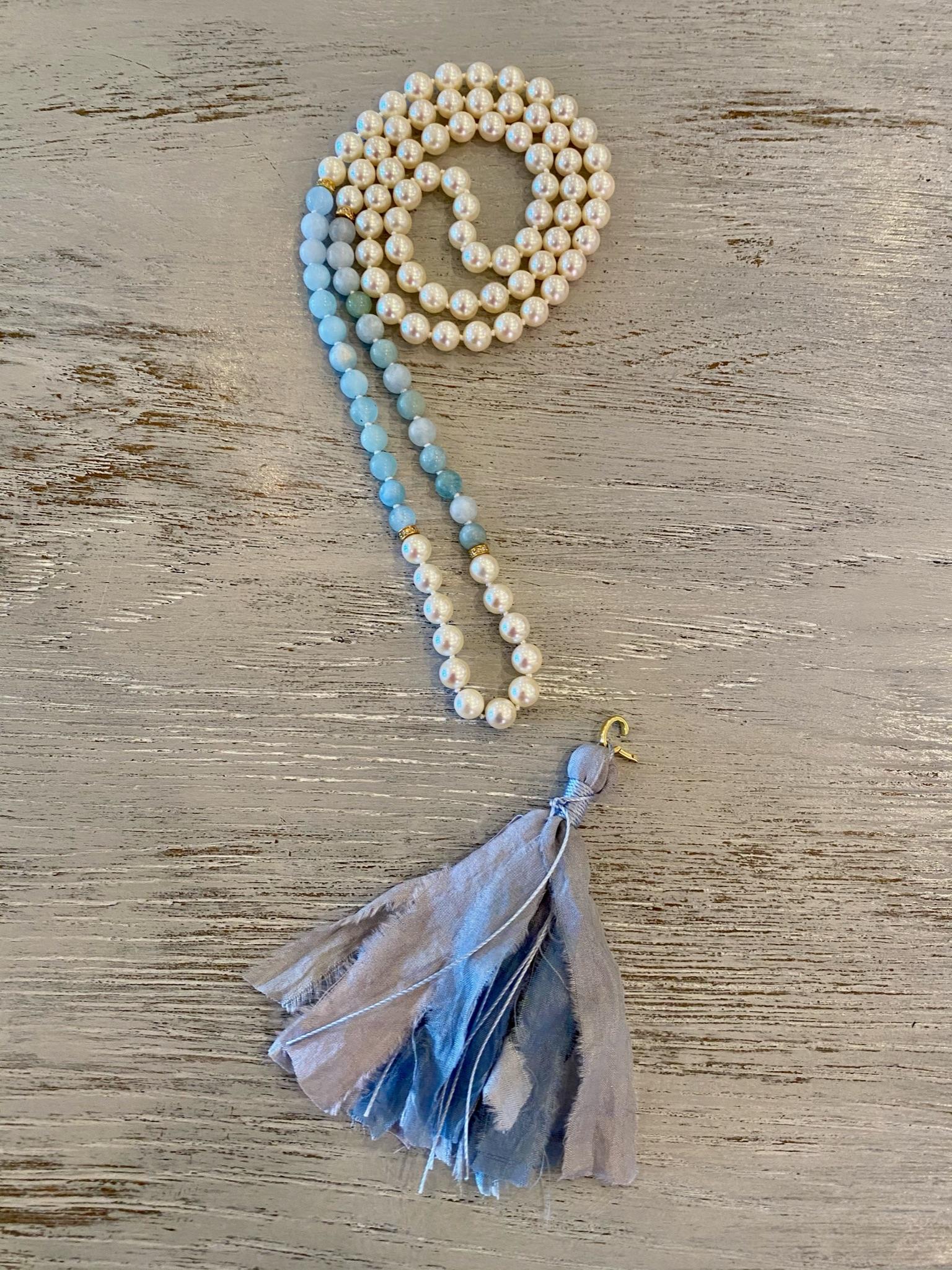Artisan Saltwater Pearls, Aquamarine, Diamond Mala / Meditation / Prayer Necklace