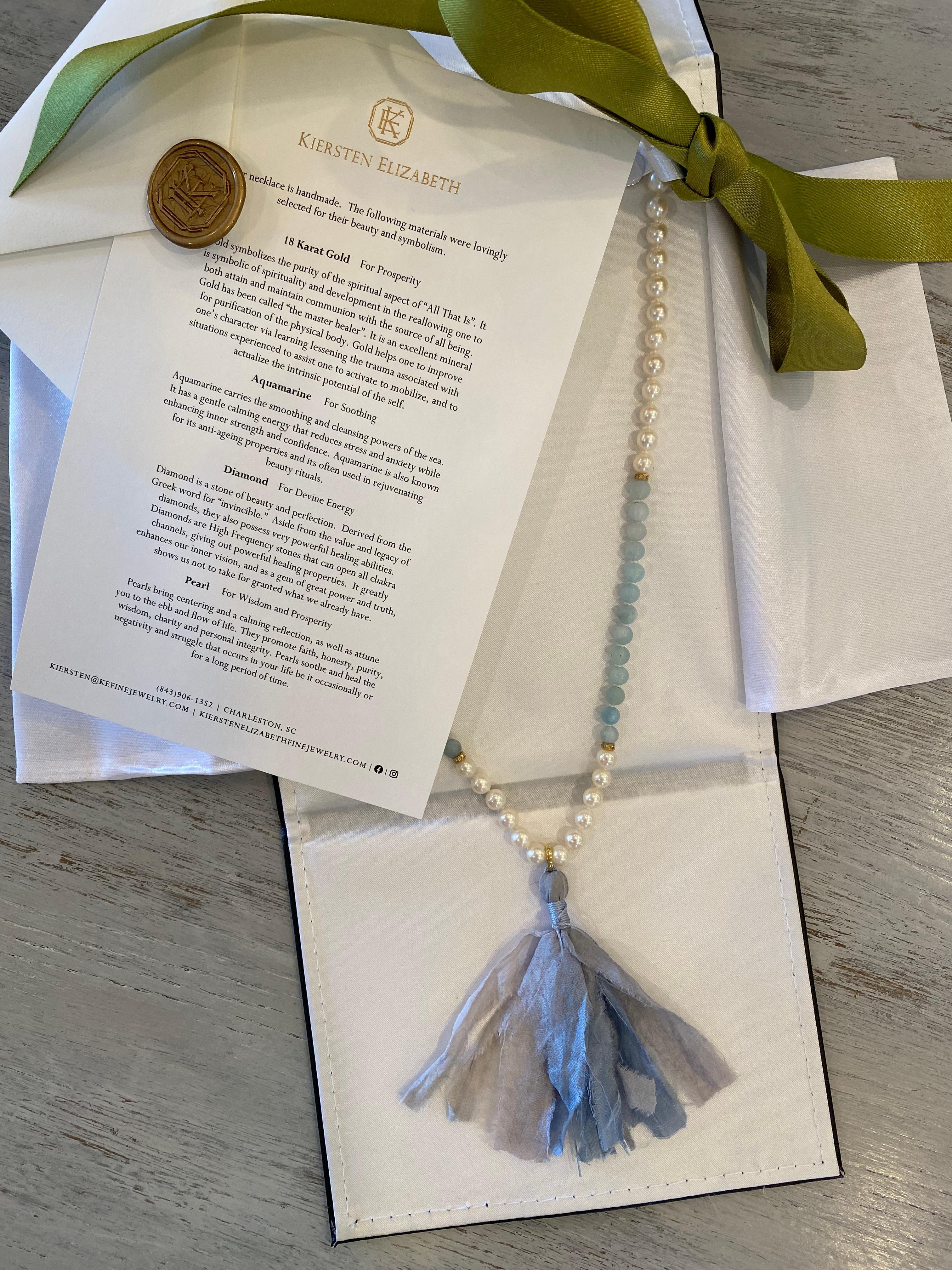 Bead Saltwater Pearls, Aquamarine, Diamond Mala / Meditation / Prayer Necklace