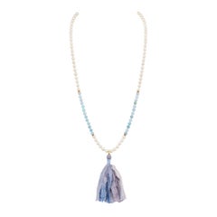 Collier Mala de méditation et de prières en perles d'eau salée, aigue-marine et diamants