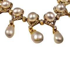 Saltwater White Pearl and Diamond 18k Yellow Gold Festoon Style Drop Necklace